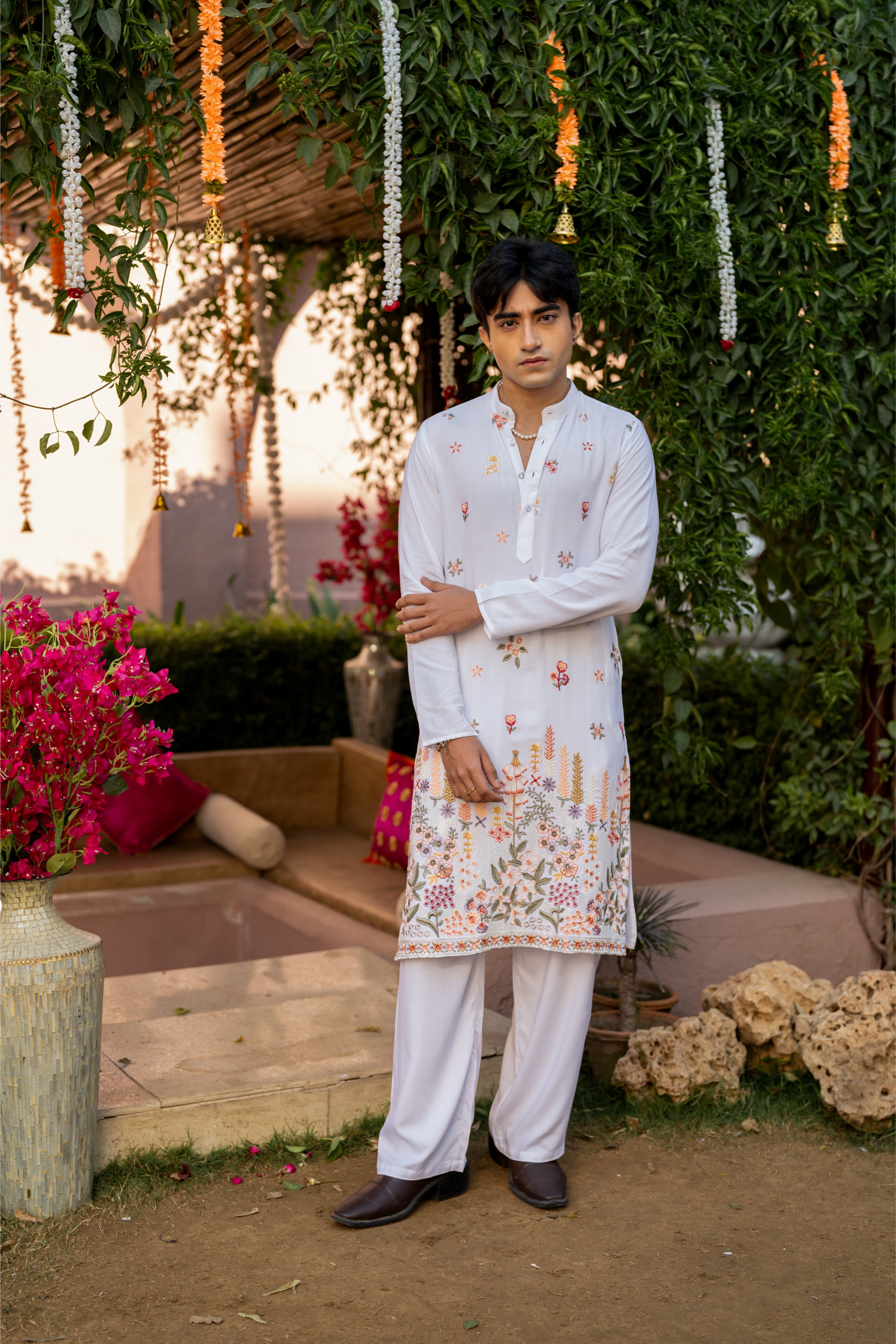 Firangi Yarn Cotton blend Botanical Thread and Sequin Work Embroidery with Sequence Wedding and Festive Kurta - Groomsmen White