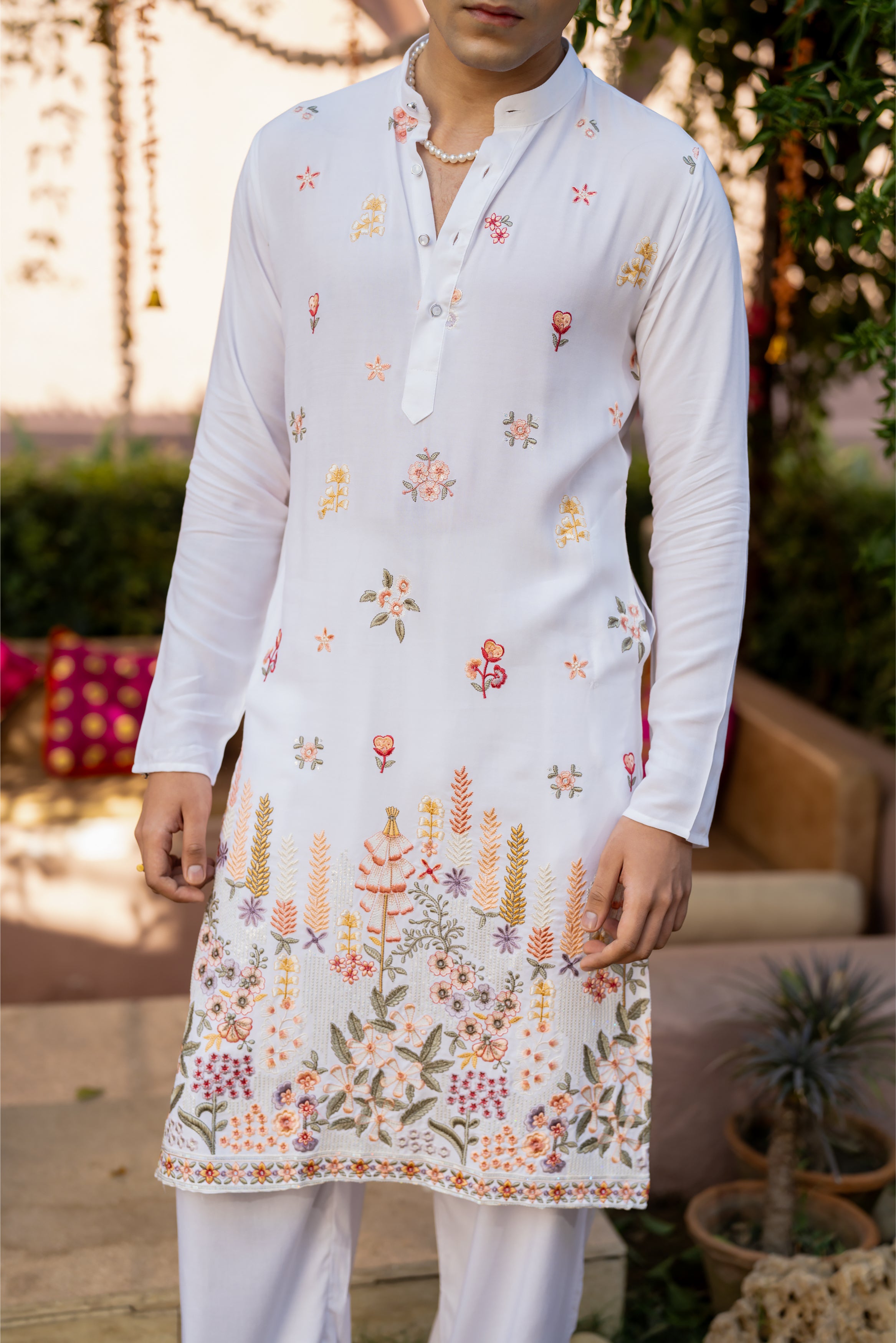 Firangi Yarn Cotton blend Botanical Thread and Sequin Work Embroidery with Sequence Wedding and Festive Kurta - Groomsmen White