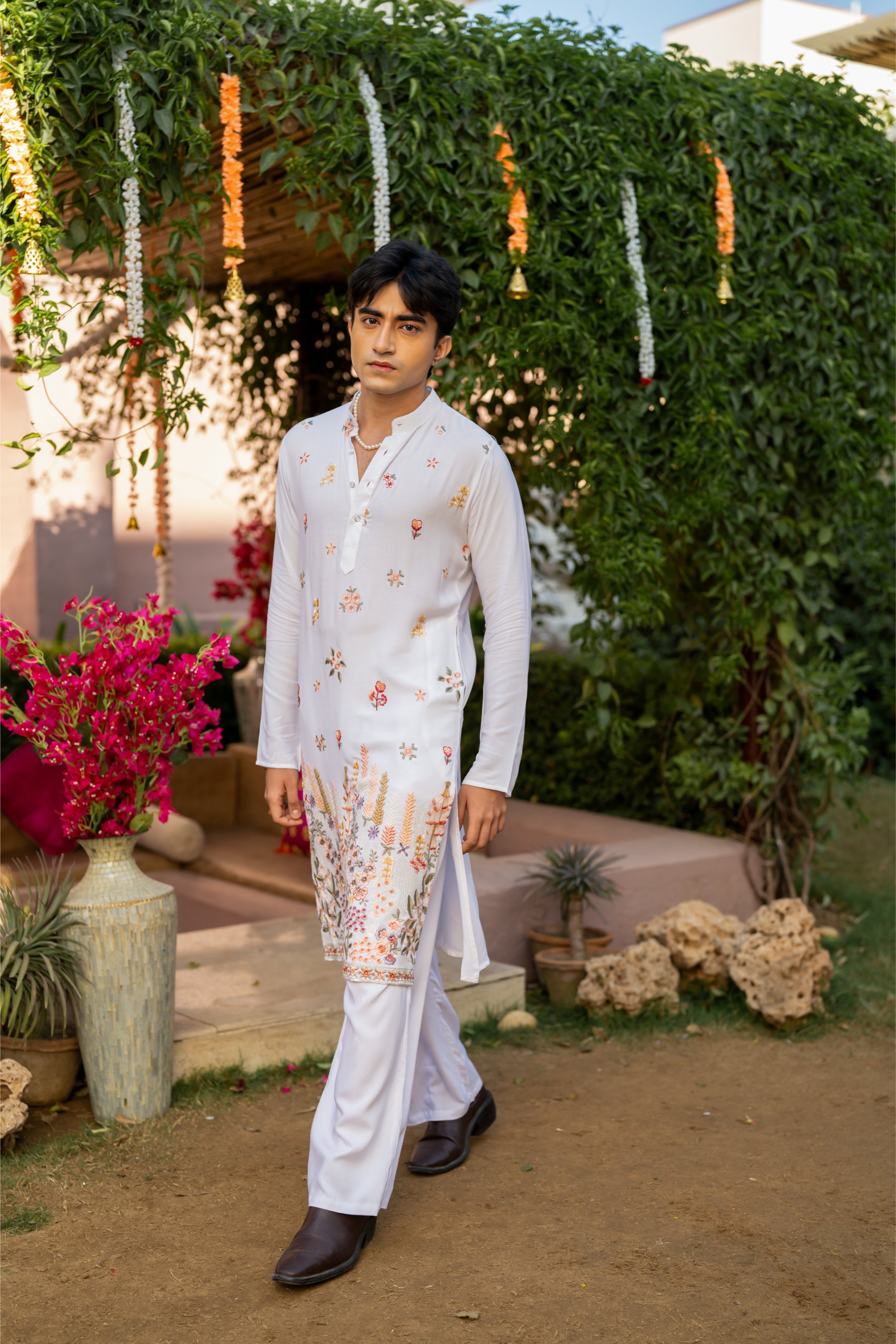 Firangi Yarn Cotton blend Botanical Thread and Sequin Work Embroidery with Sequence Wedding and Festive Kurta - Groomsmen White