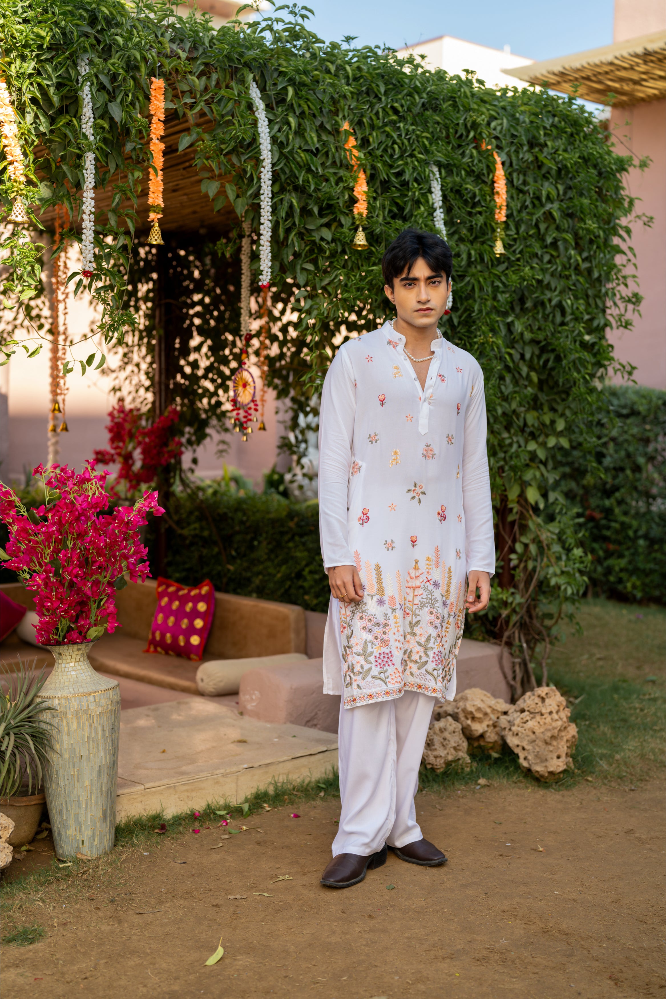 Firangi Yarn Cotton blend Botanical Thread and Sequin Work Embroidery with Sequence Wedding and Festive Kurta - Groomsmen White