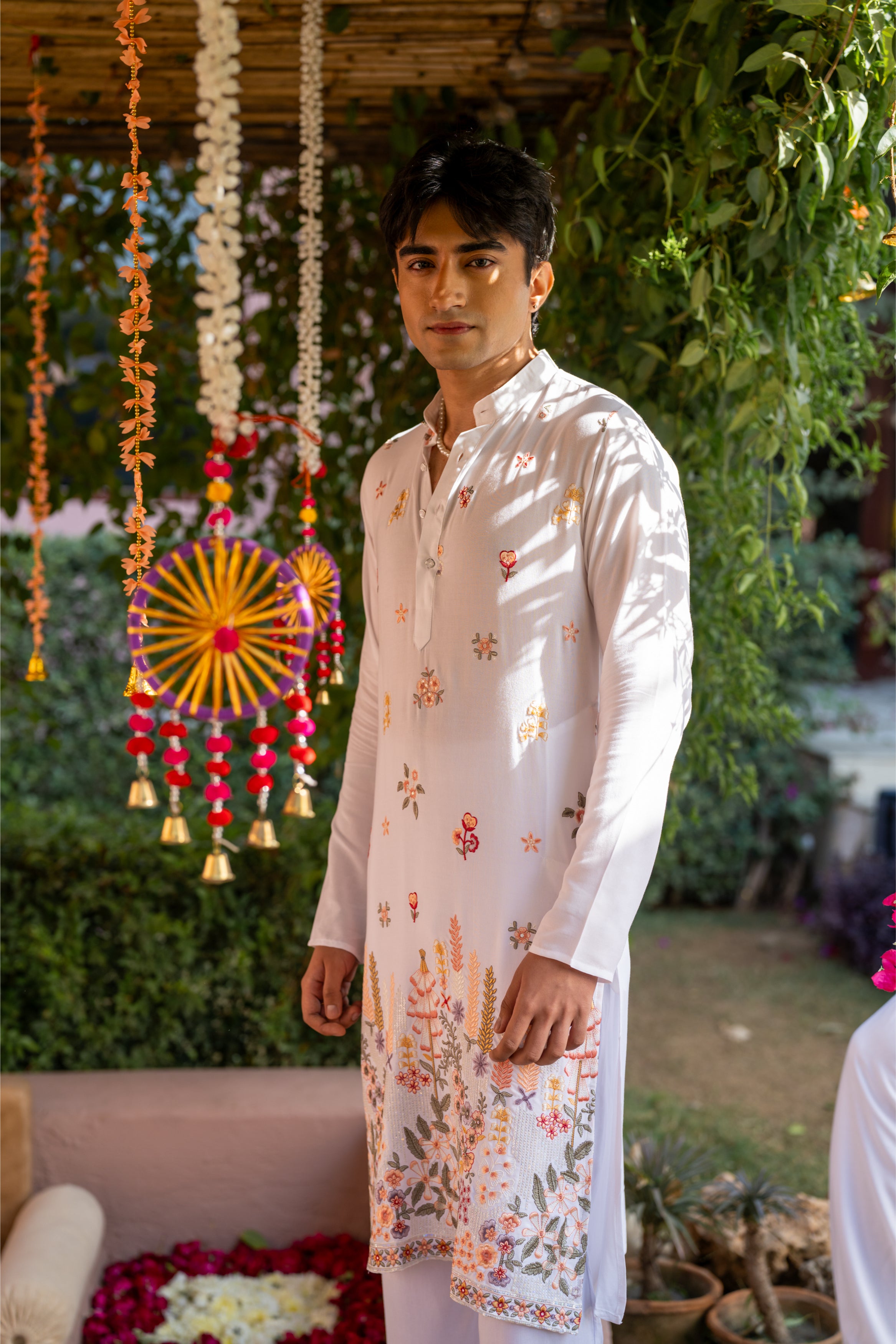 Firangi Yarn Cotton blend Botanical Thread and Sequin Work Embroidery with Sequence Wedding and Festive Kurta - Groomsmen White