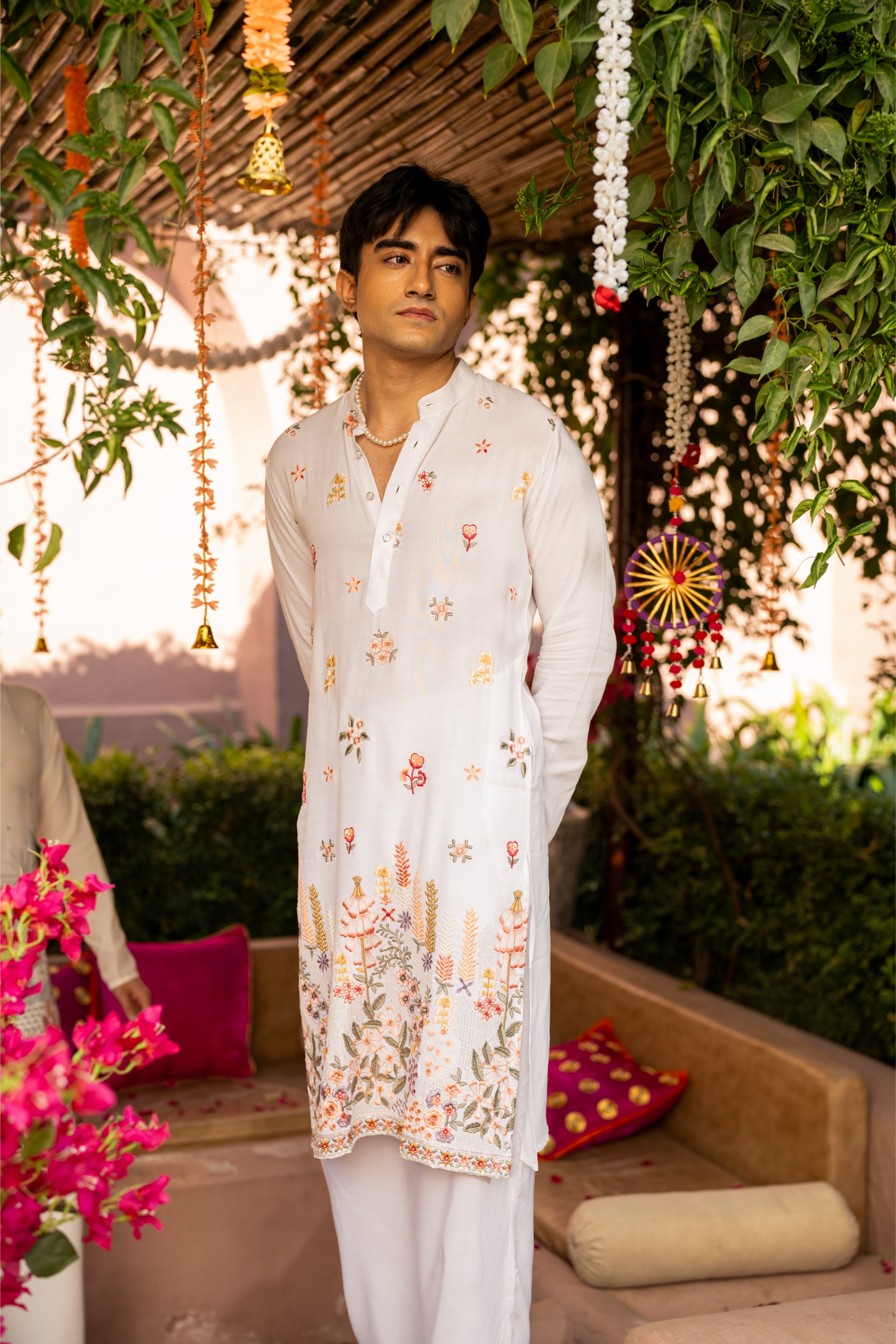 Firangi Yarn Cotton blend Botanical Thread and Sequin Work Embroidery with Sequence Wedding and Festive Kurta - Groomsmen White