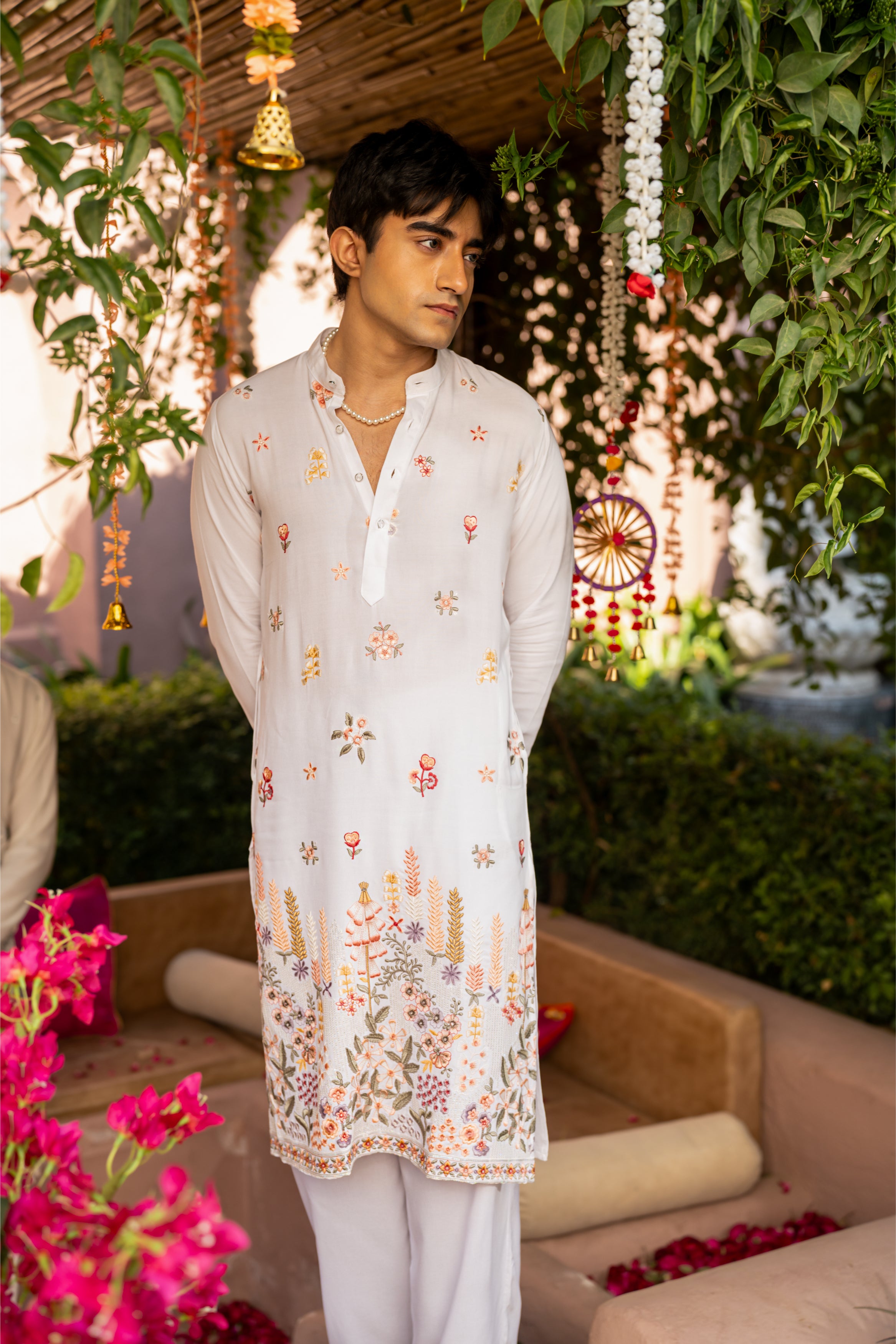 Firangi Yarn Cotton blend Botanical Thread and Sequin Work Embroidery with Sequence Wedding and Festive Kurta - Groomsmen White
