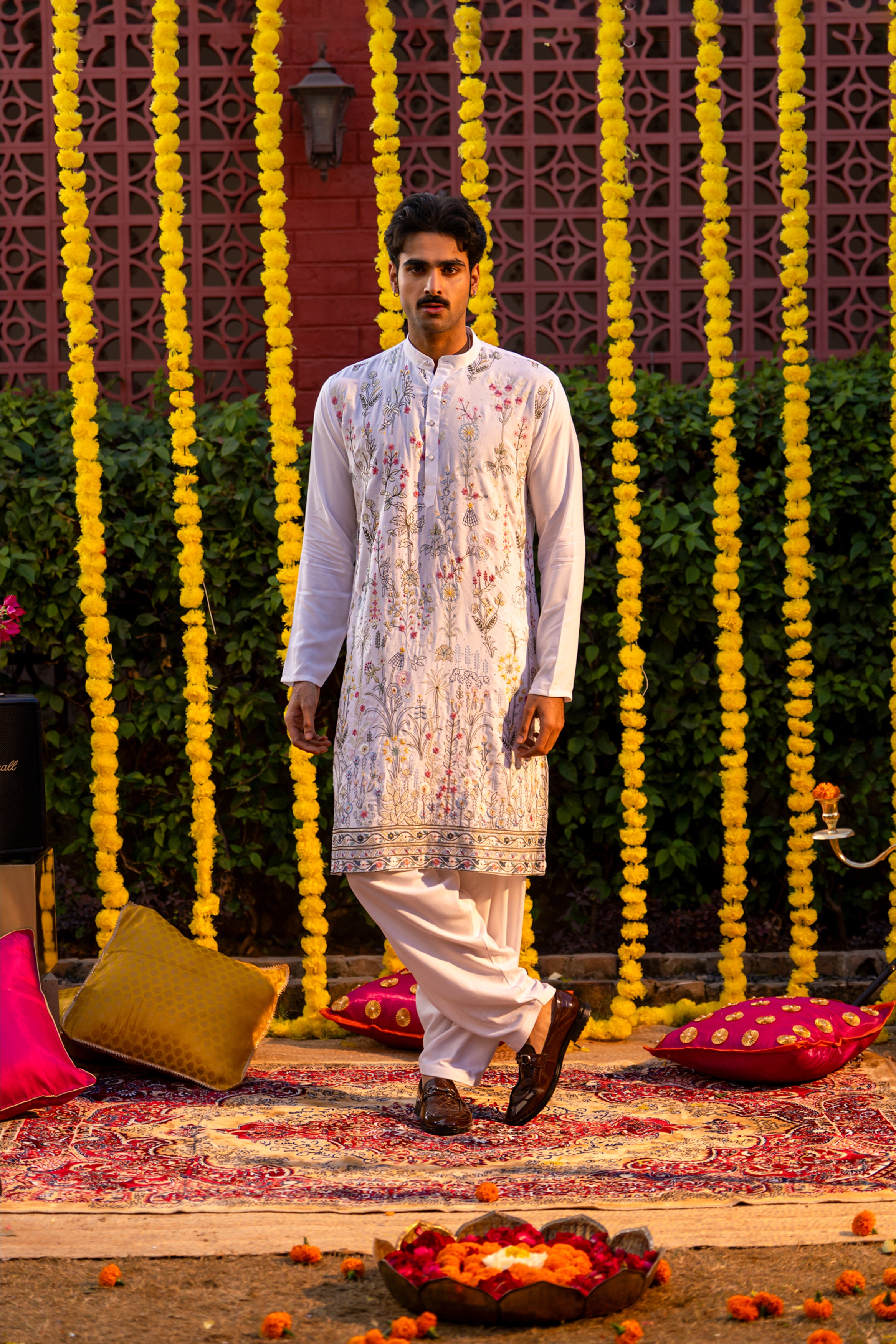 Firangi Yarn Cotton blend Botanical Garden Thread and Sequin Work Embroidery with Sequence Wedding and Festive Kurta - White 2026