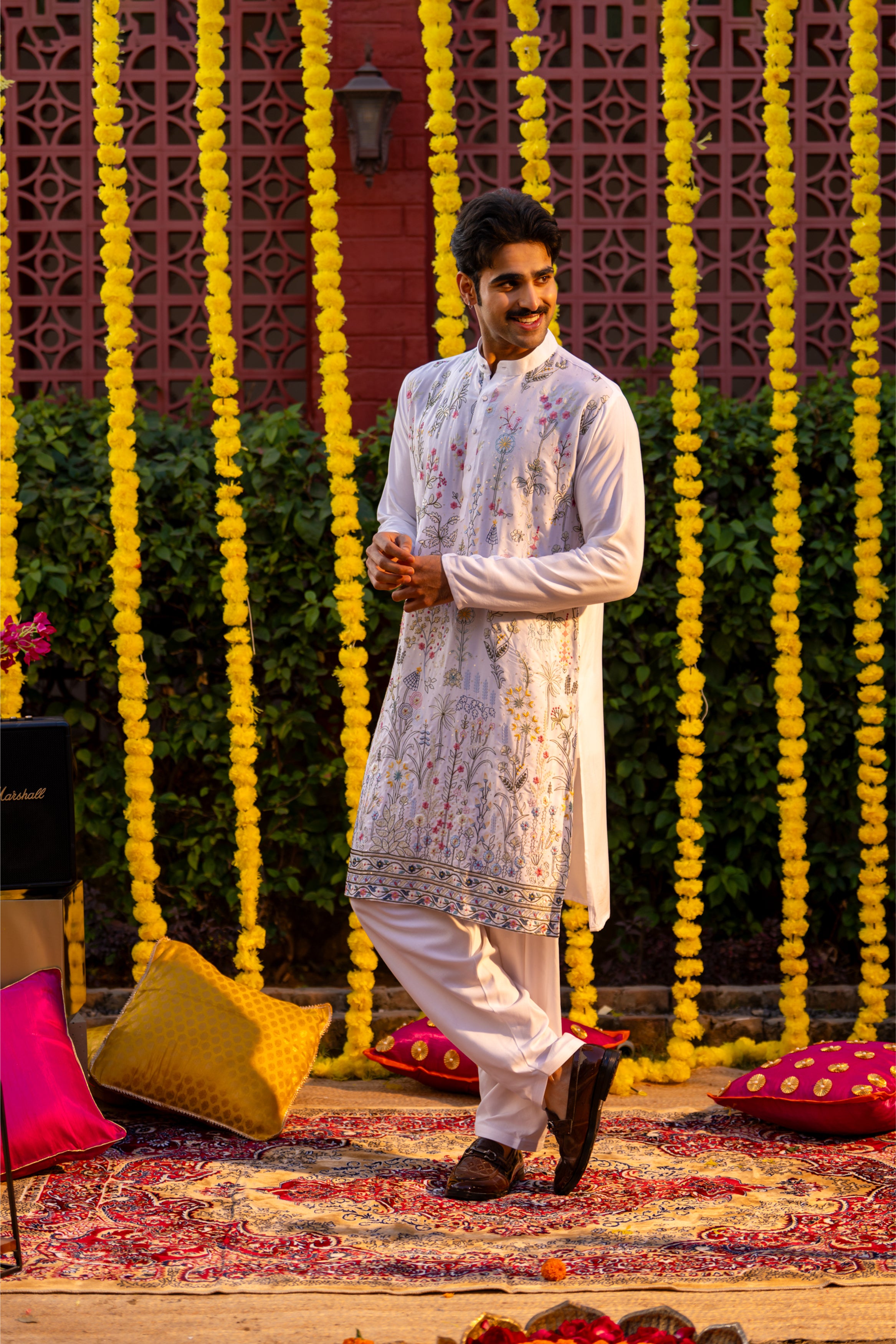 Firangi Yarn Cotton blend Botanical Garden Thread and Sequin Work Embroidery with Sequence Wedding and Festive Kurta - White 2026