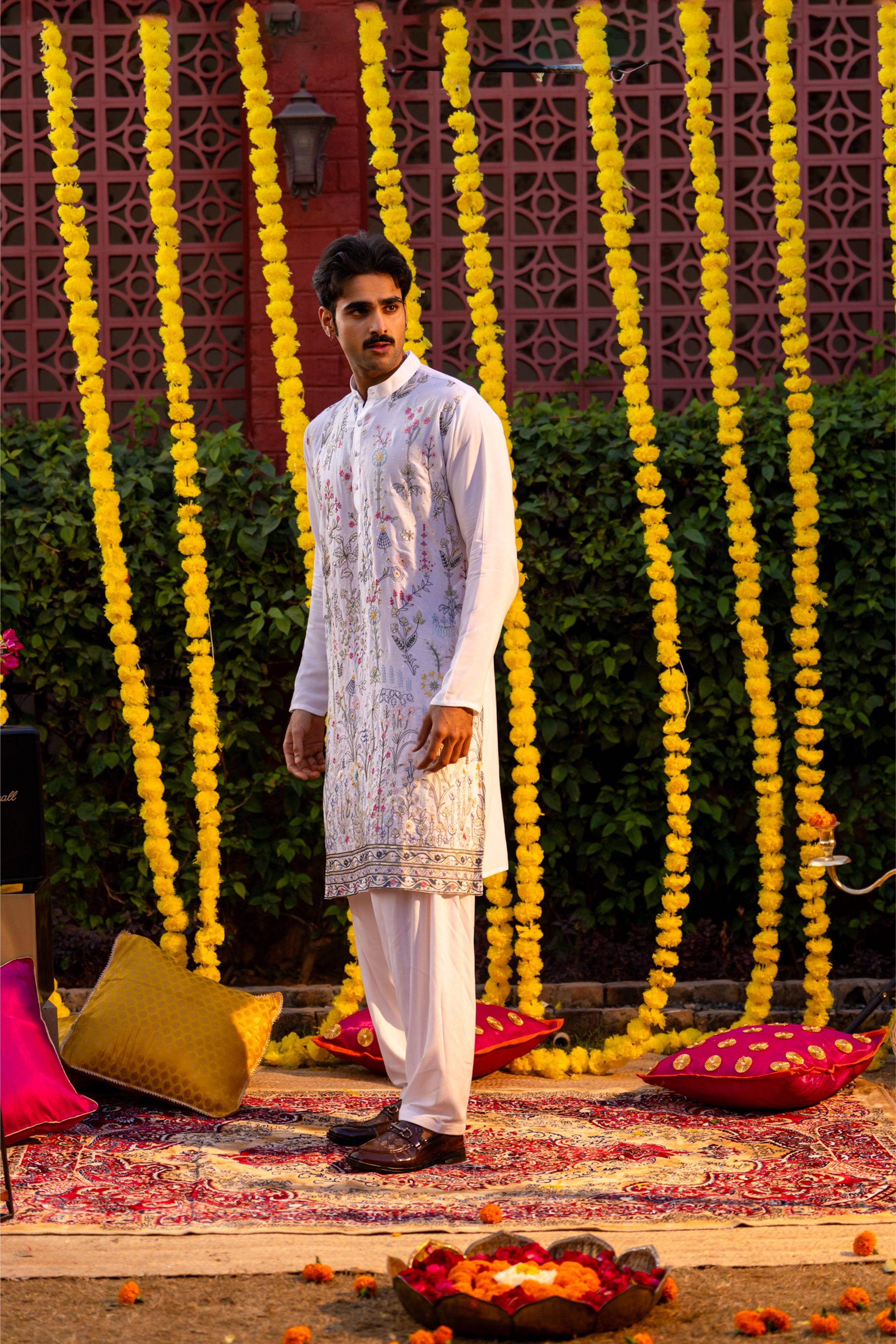 Firangi Yarn Cotton blend Botanical Garden Thread and Sequin Work Embroidery with Sequence Wedding and Festive Kurta - White 2026