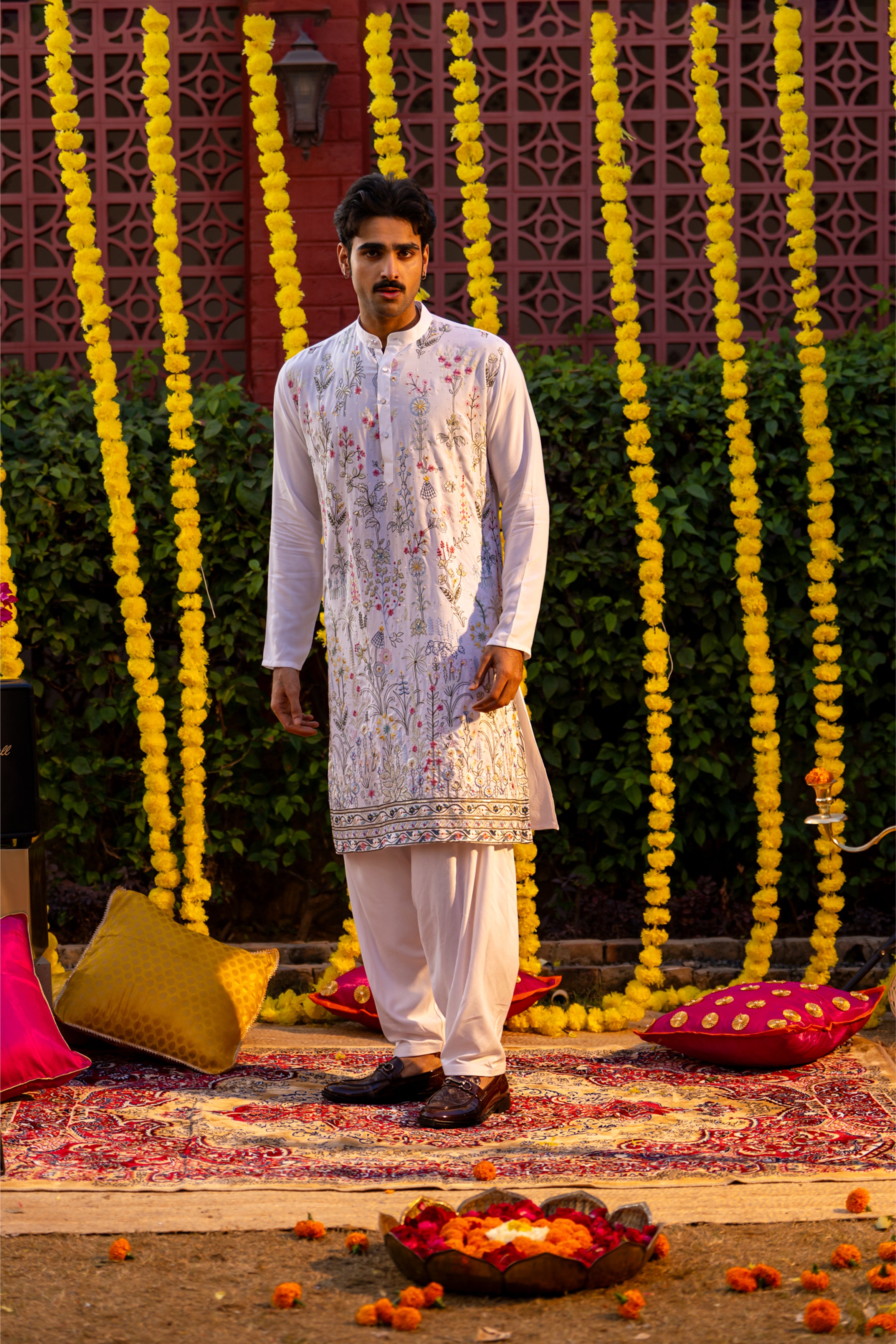 Firangi Yarn Cotton blend Botanical Garden Thread and Sequin Work Embroidery with Sequence Wedding and Festive Kurta - White 2026