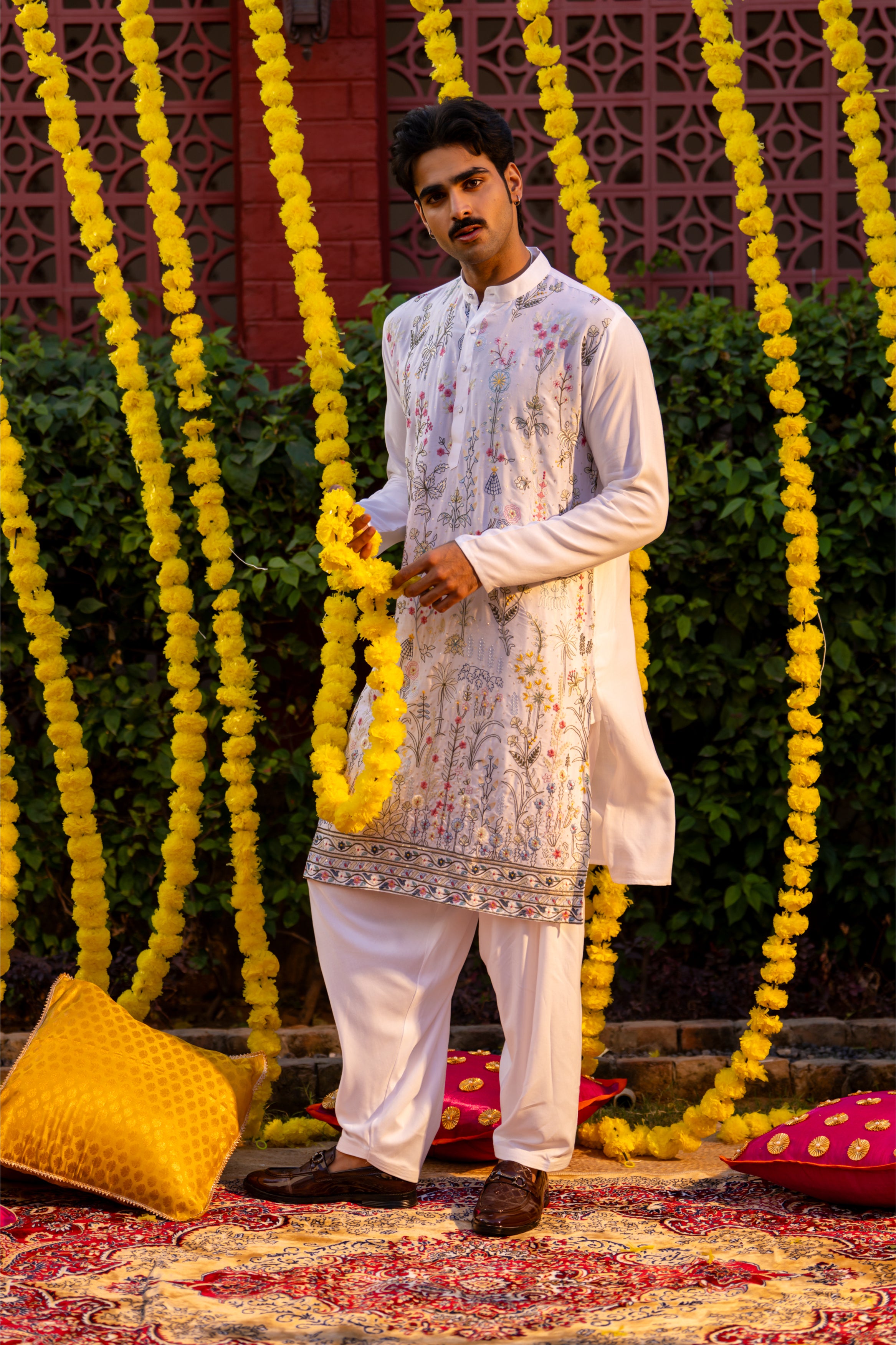 Firangi Yarn Cotton blend Botanical Garden Thread and Sequin Work Embroidery with Sequence Wedding and Festive Kurta - White 2026