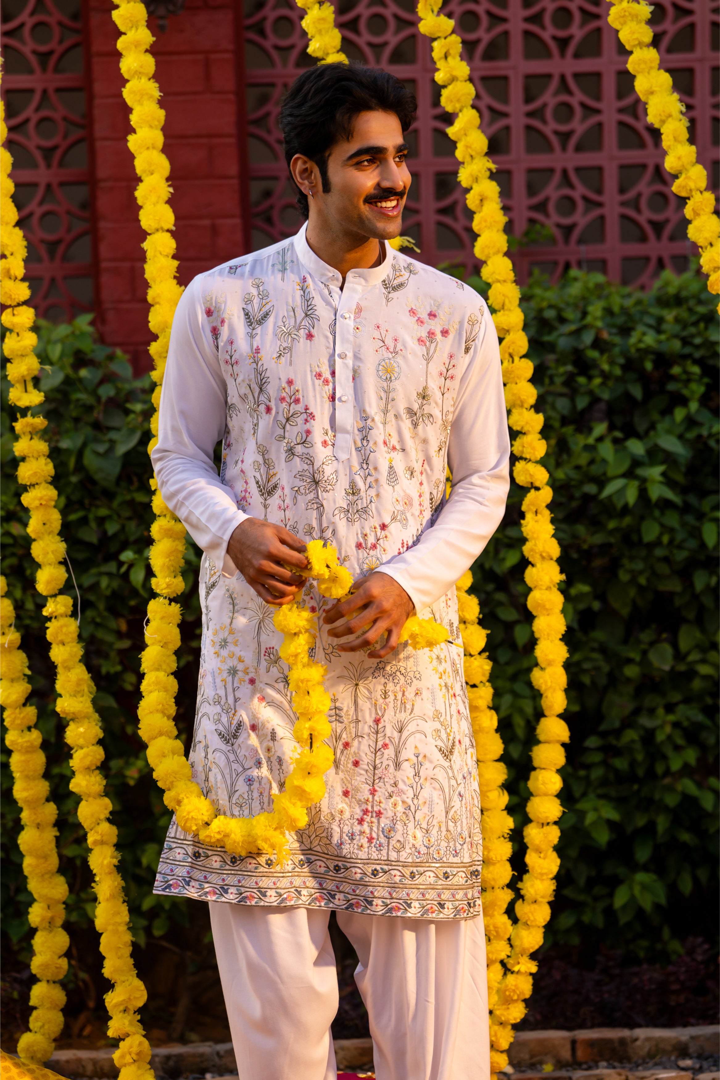 Firangi Yarn Cotton blend Botanical Garden Thread and Sequin Work Embroidery with Sequence Wedding and Festive Kurta - White 2026