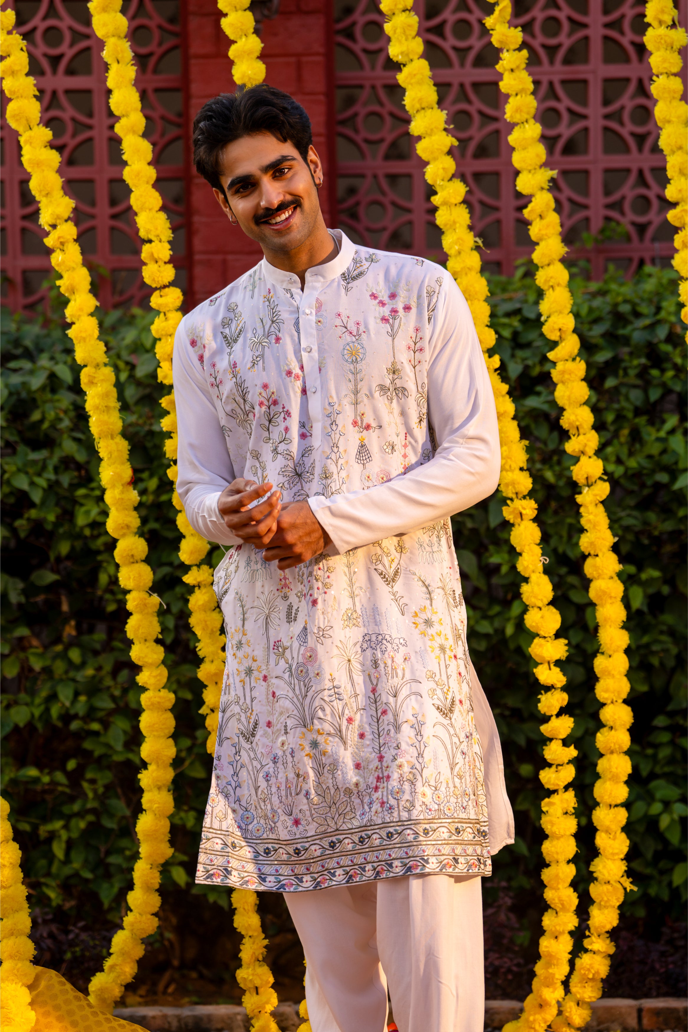 Firangi Yarn Cotton blend Botanical Garden Thread and Sequin Work Embroidery with Sequence Wedding and Festive Kurta - White 2026