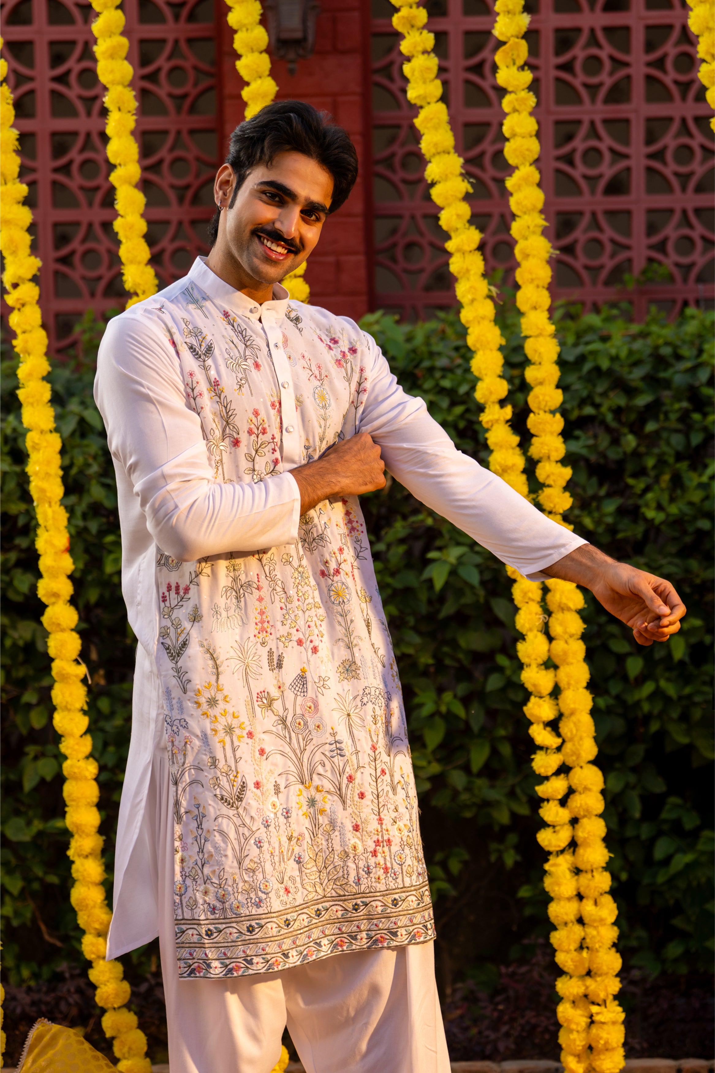 Firangi Yarn Cotton blend Botanical Garden Thread and Sequin Work Embroidery with Sequence Wedding and Festive Kurta - White 2026