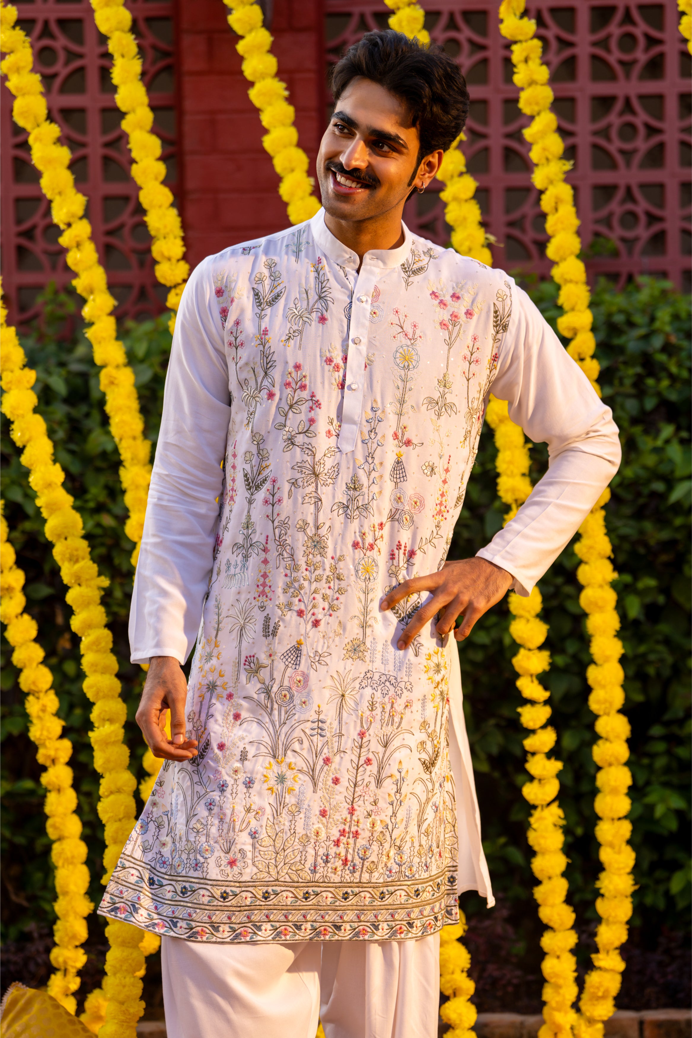 Firangi Yarn Cotton blend Botanical Garden Thread and Sequin Work Embroidery with Sequence Wedding and Festive Kurta - White 2026