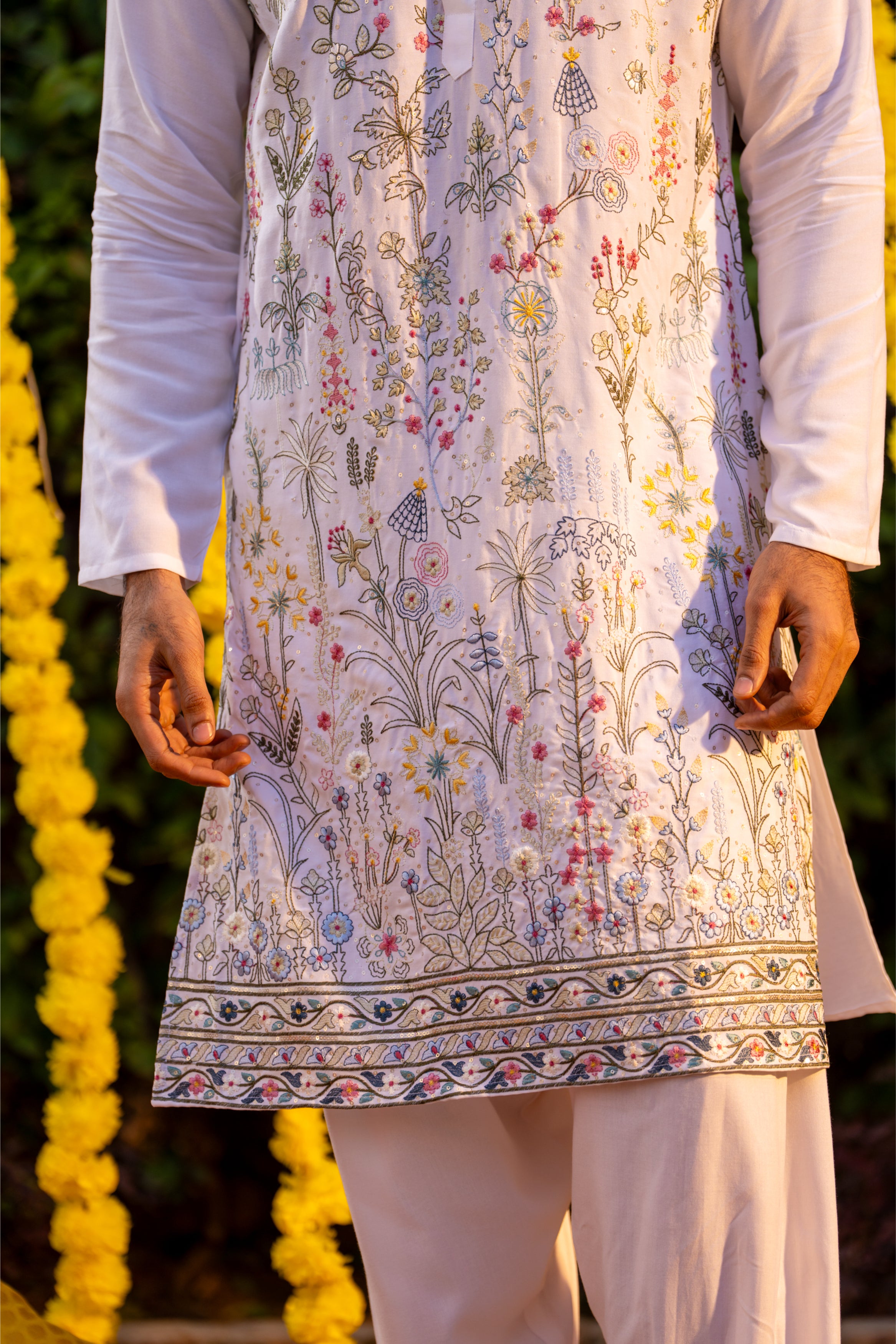 Firangi Yarn Cotton blend Botanical Garden Thread and Sequin Work Embroidery with Sequence Wedding and Festive Kurta - White 2026