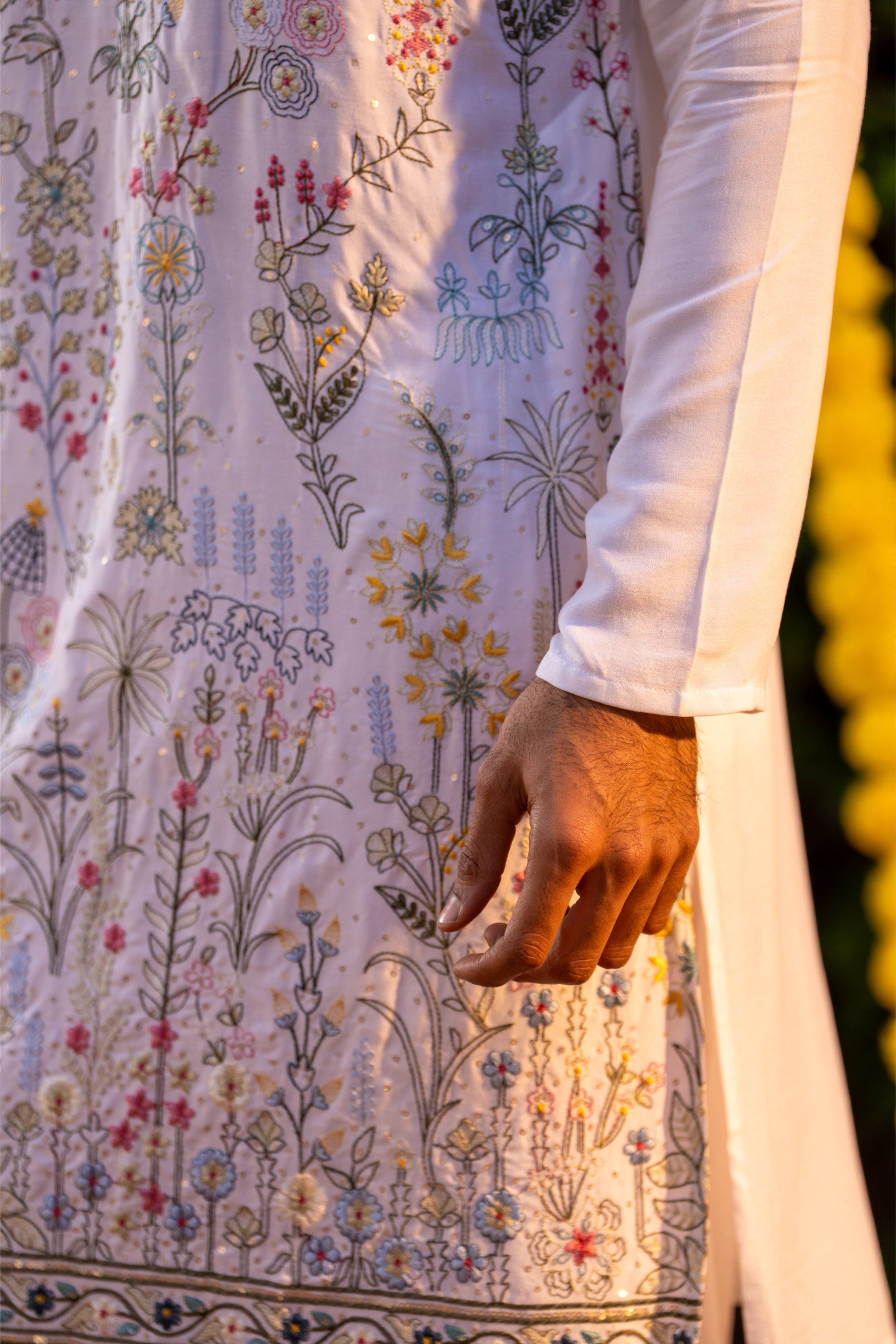 Firangi Yarn Cotton blend Botanical Garden Thread and Sequin Work Embroidery with Sequence Wedding and Festive Kurta - White 2026