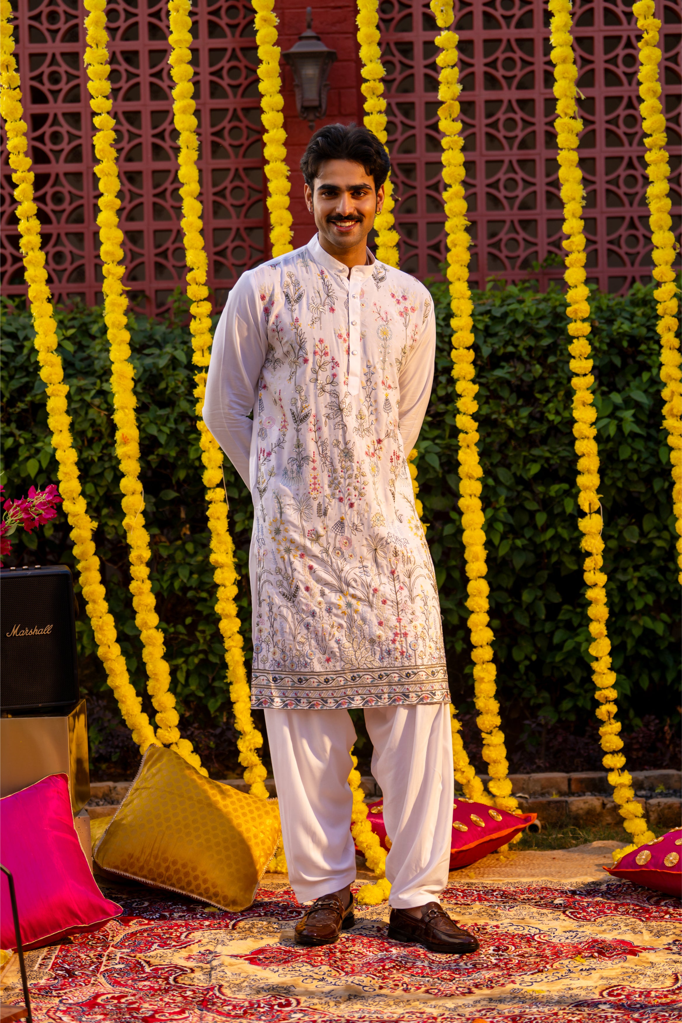 Firangi Yarn Cotton blend Botanical Garden Thread and Sequin Work Embroidery with Sequence Wedding and Festive Kurta - White 2026