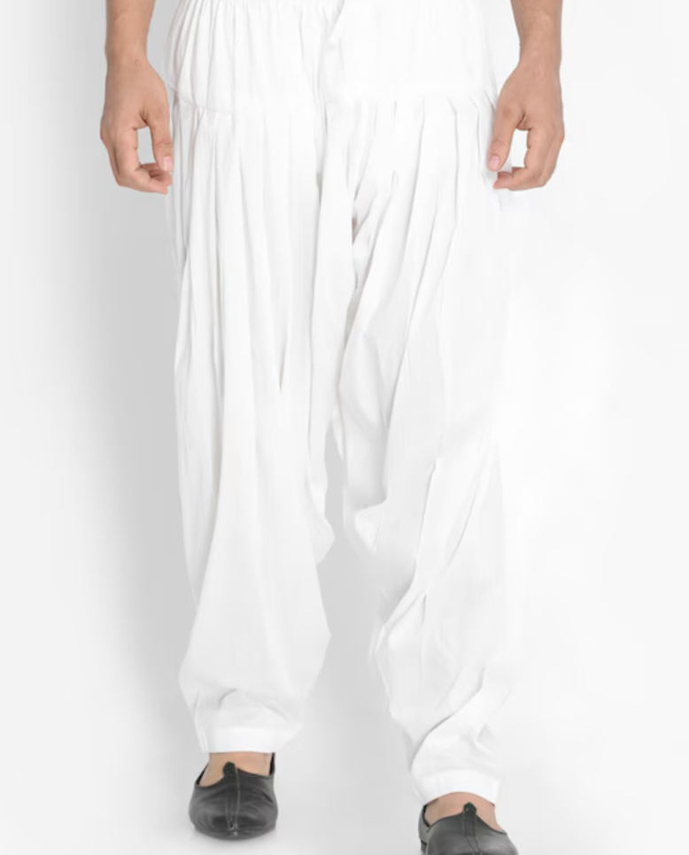 Free Size Pathani Salwar Style Pants in White For Kurtas with Drawstring (Not Elasticated)