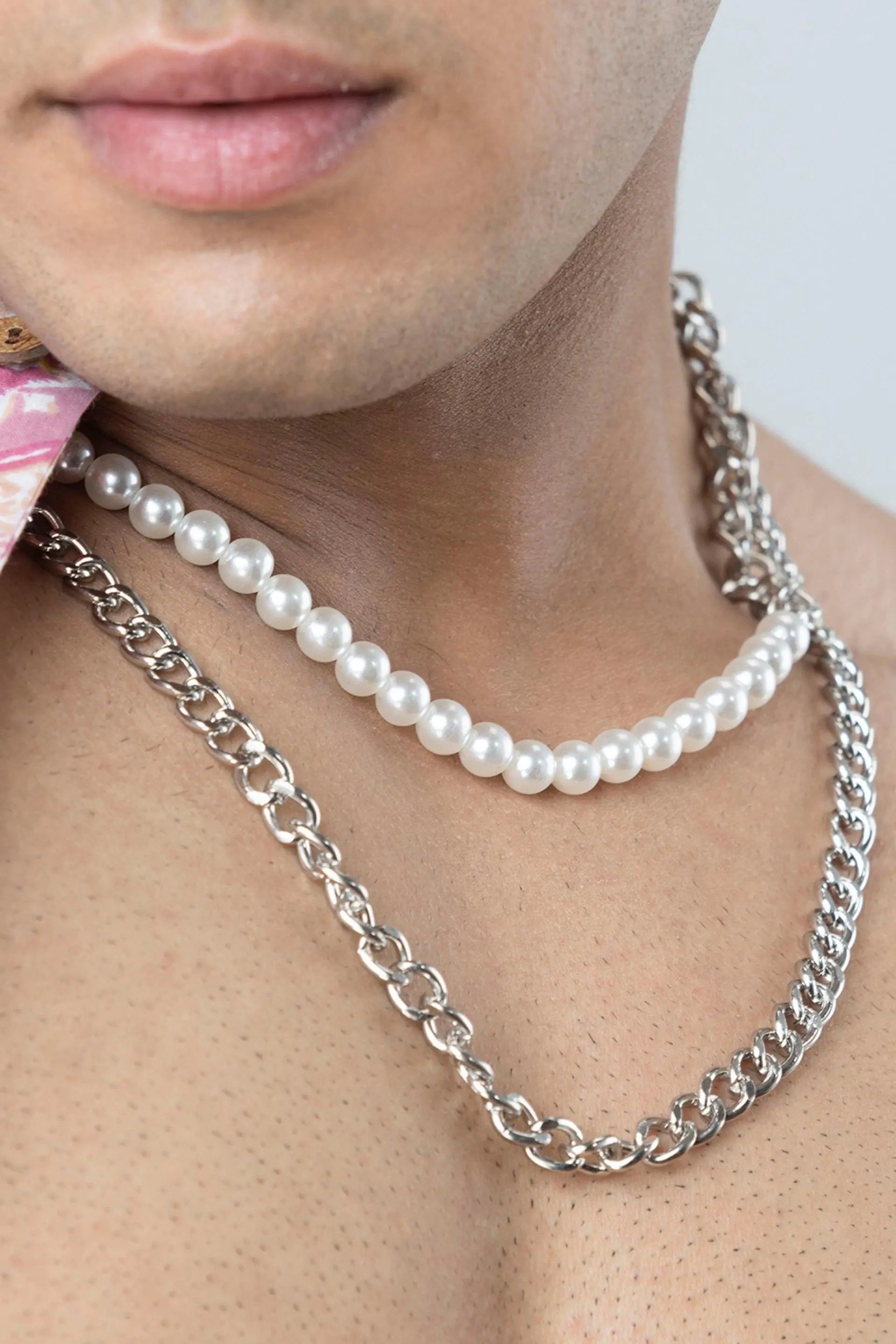 Classic Pearl Bead Necklace Simple Two Layer Link Chain Necklace