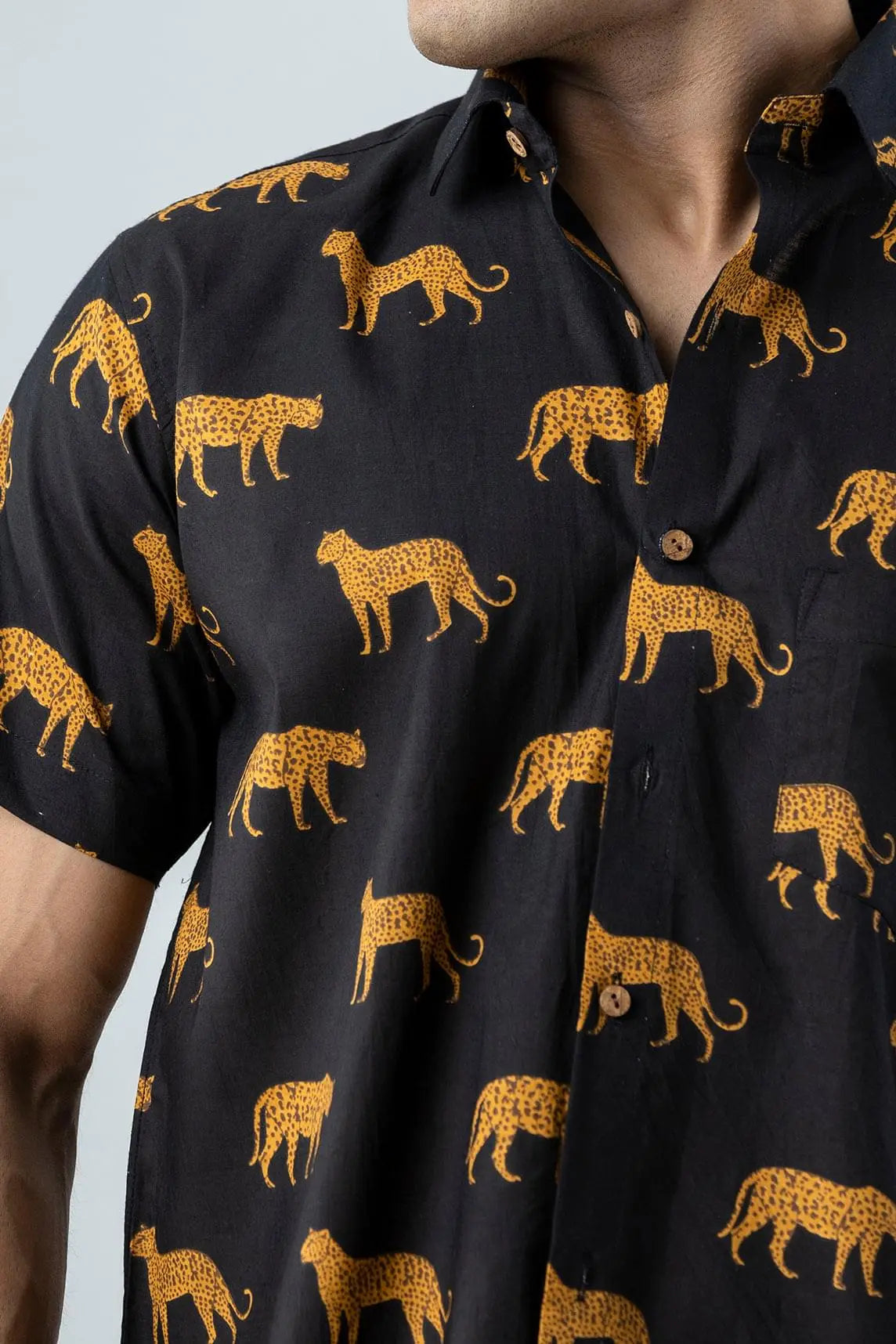 Firangi Yarn Block Printed Cotton Black Tiger Printed Shirt For Men