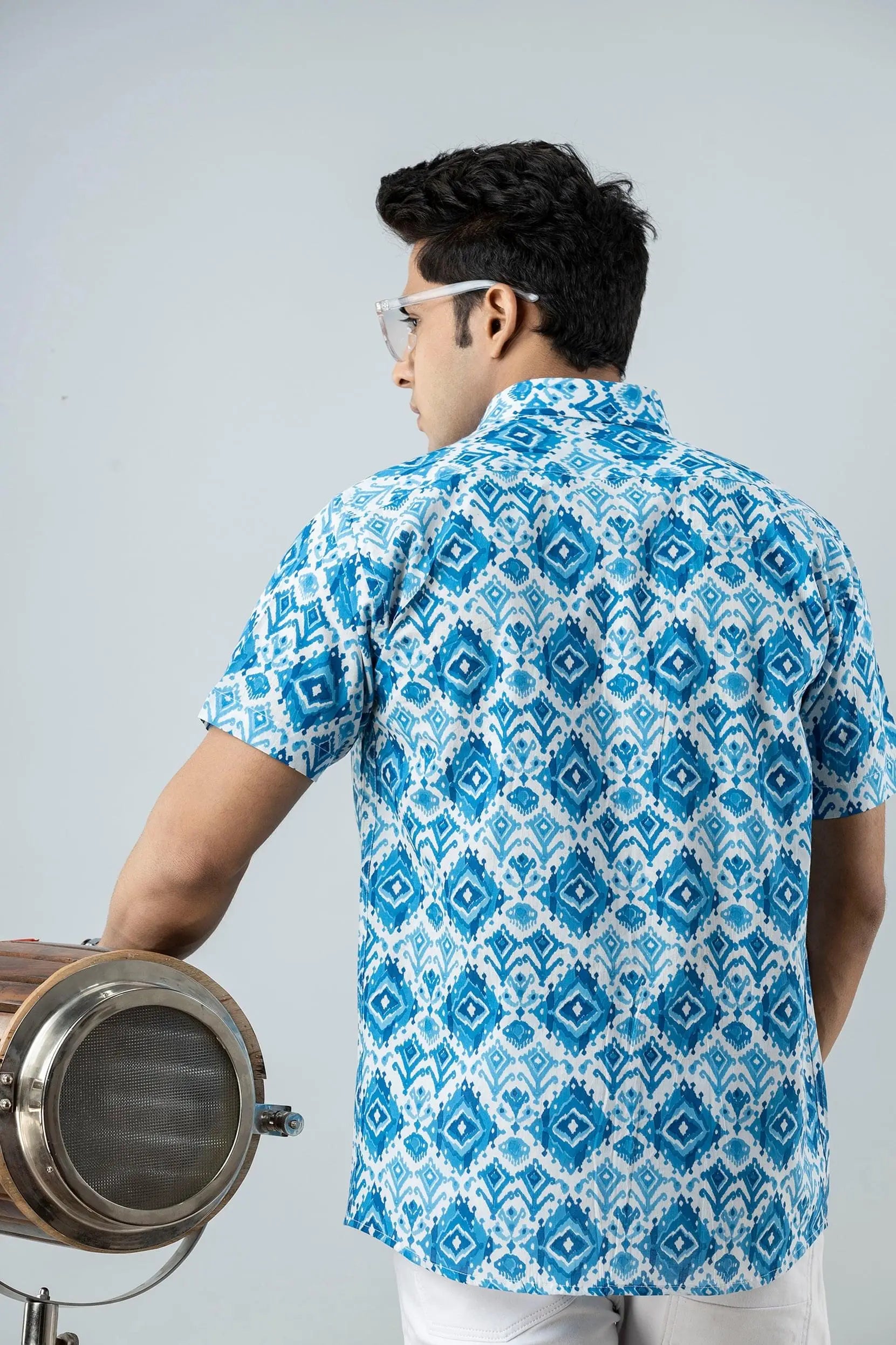 Firangi Yarn Block Printed Cotton Ajrakh Blue Shirt For Men