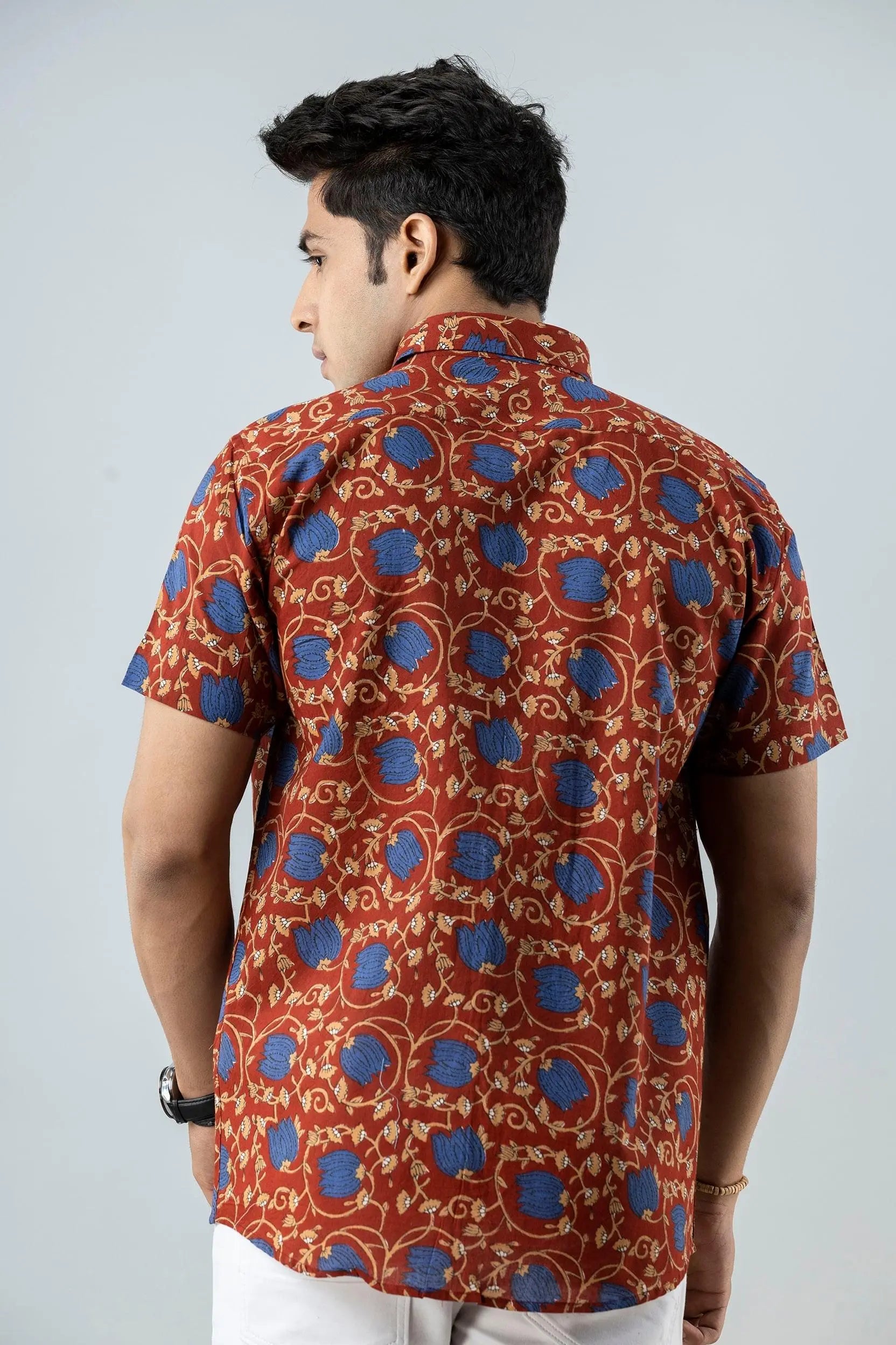 Firangi Yarn Block Printed Cotton Floral Jaipuri Maroon Shirt For Men