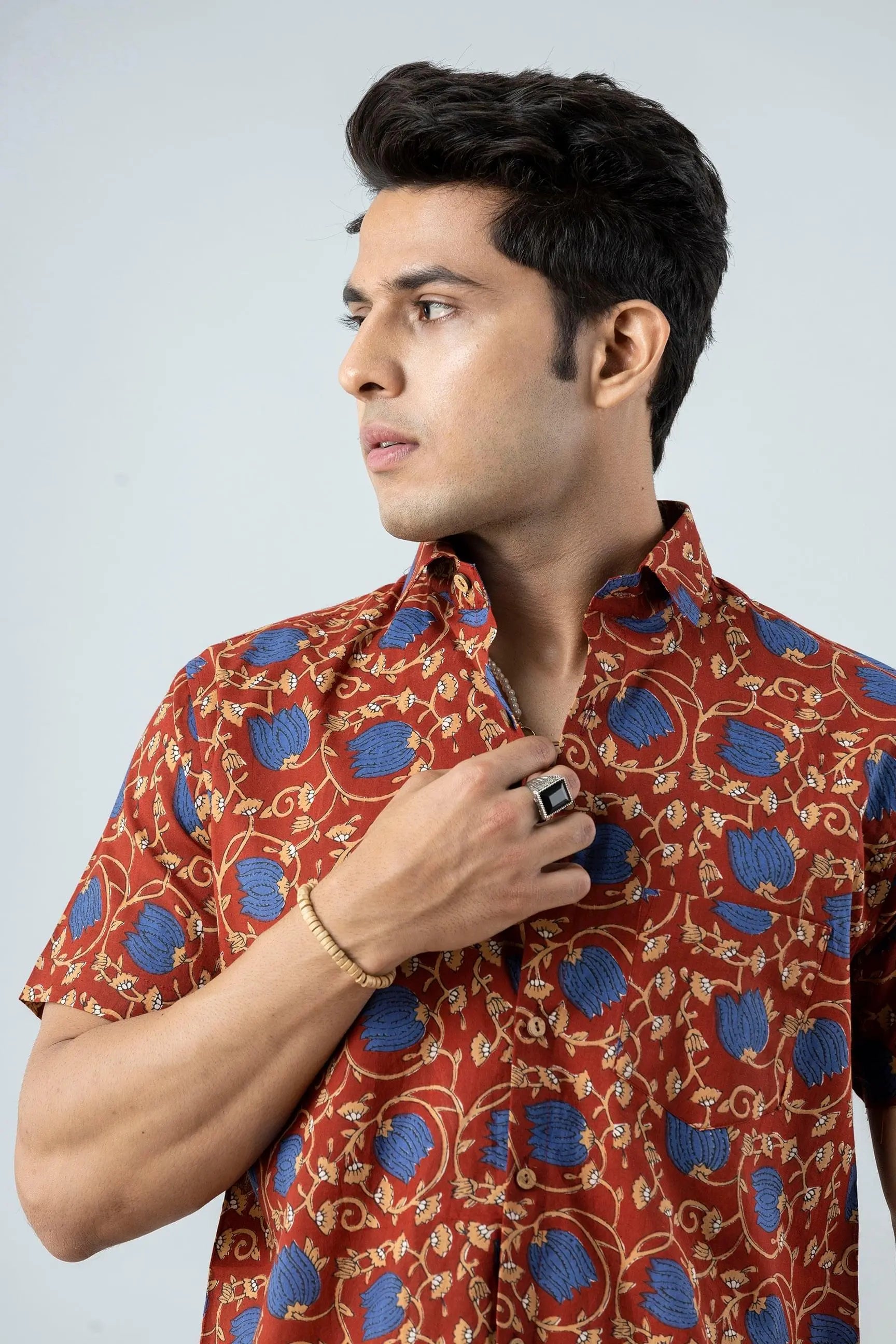 Firangi Yarn Block Printed Cotton Floral Jaipuri Maroon Shirt For Men