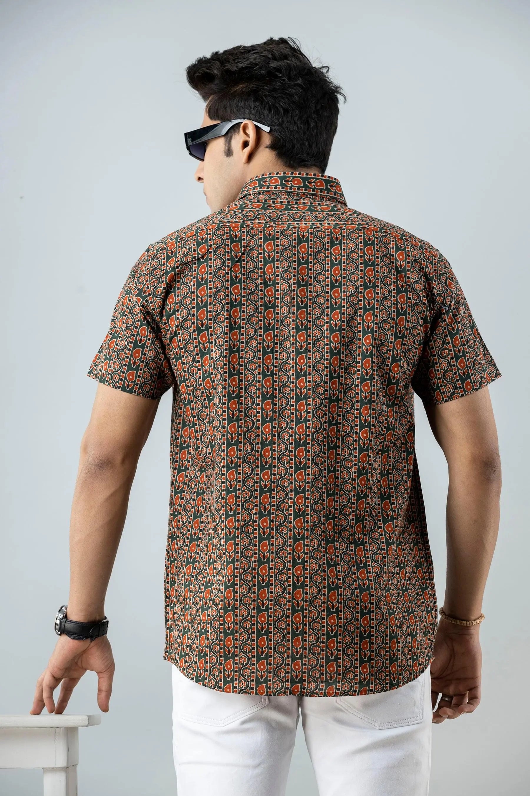 Firangi Yarn Block Printed Cotton Geometric Jaipuri Blue/Maroon Shirt For Men
