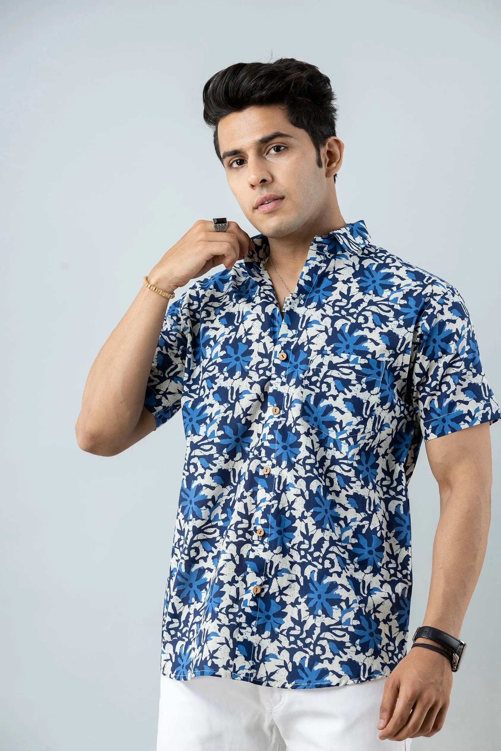 Firangi Yarn Block Printed Cotton Blue Abstract Floral Printed Shirt For Men