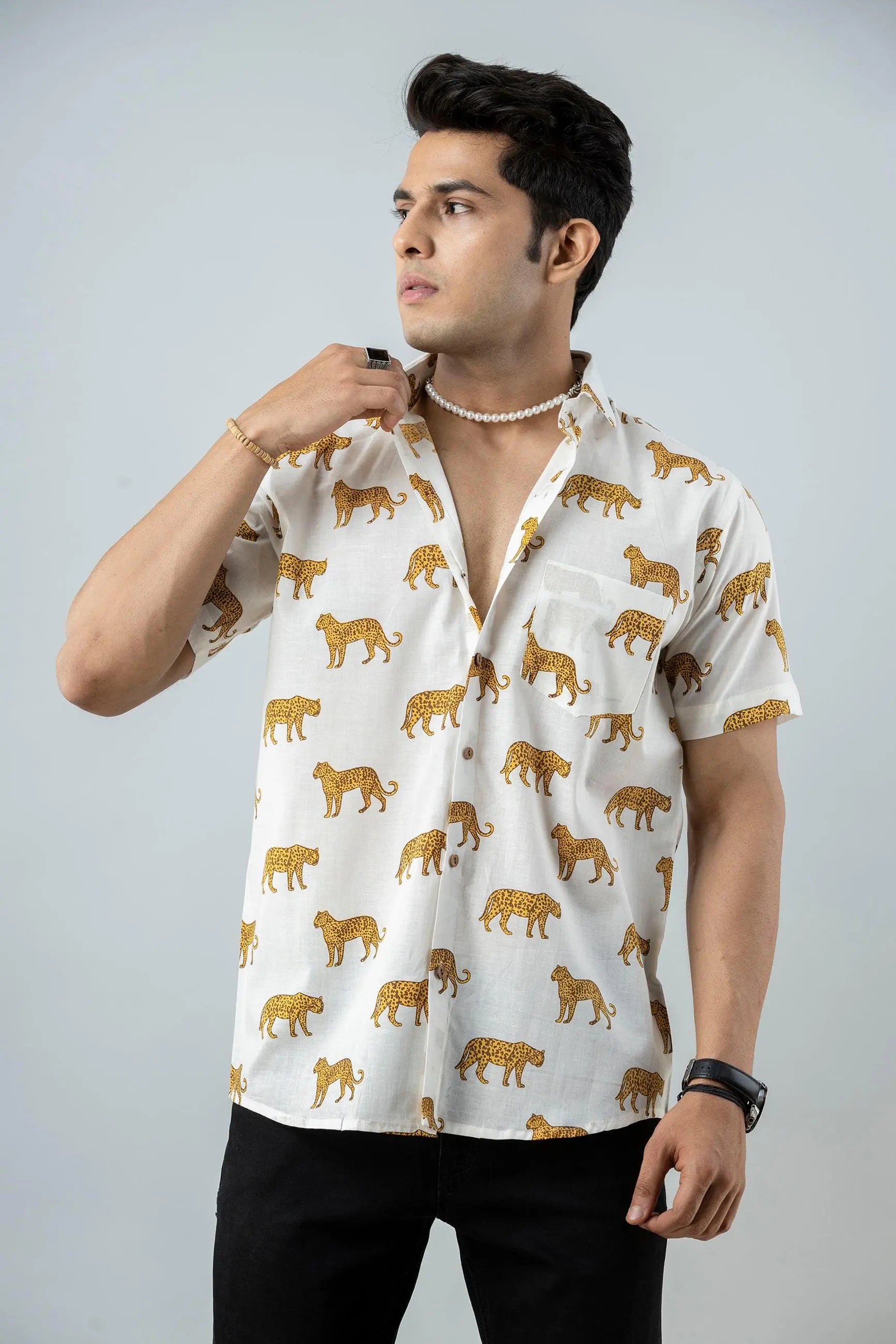 Firangi Yarn Block Printed Cotton White Leopard Printed Shirt For Men
