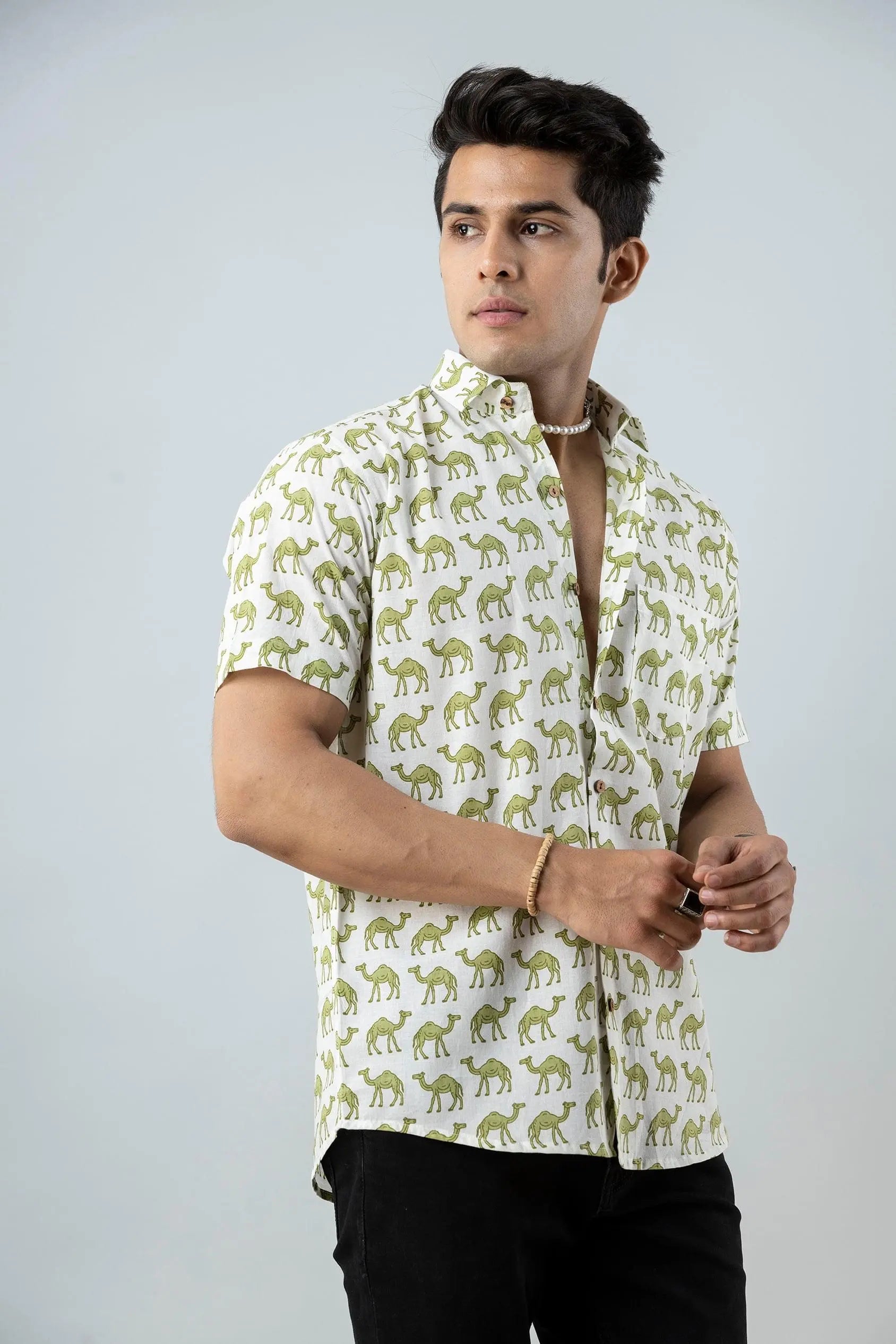 Firangi Yarn Block Printed Cotton White/Green Camel Printed Shirt For Men