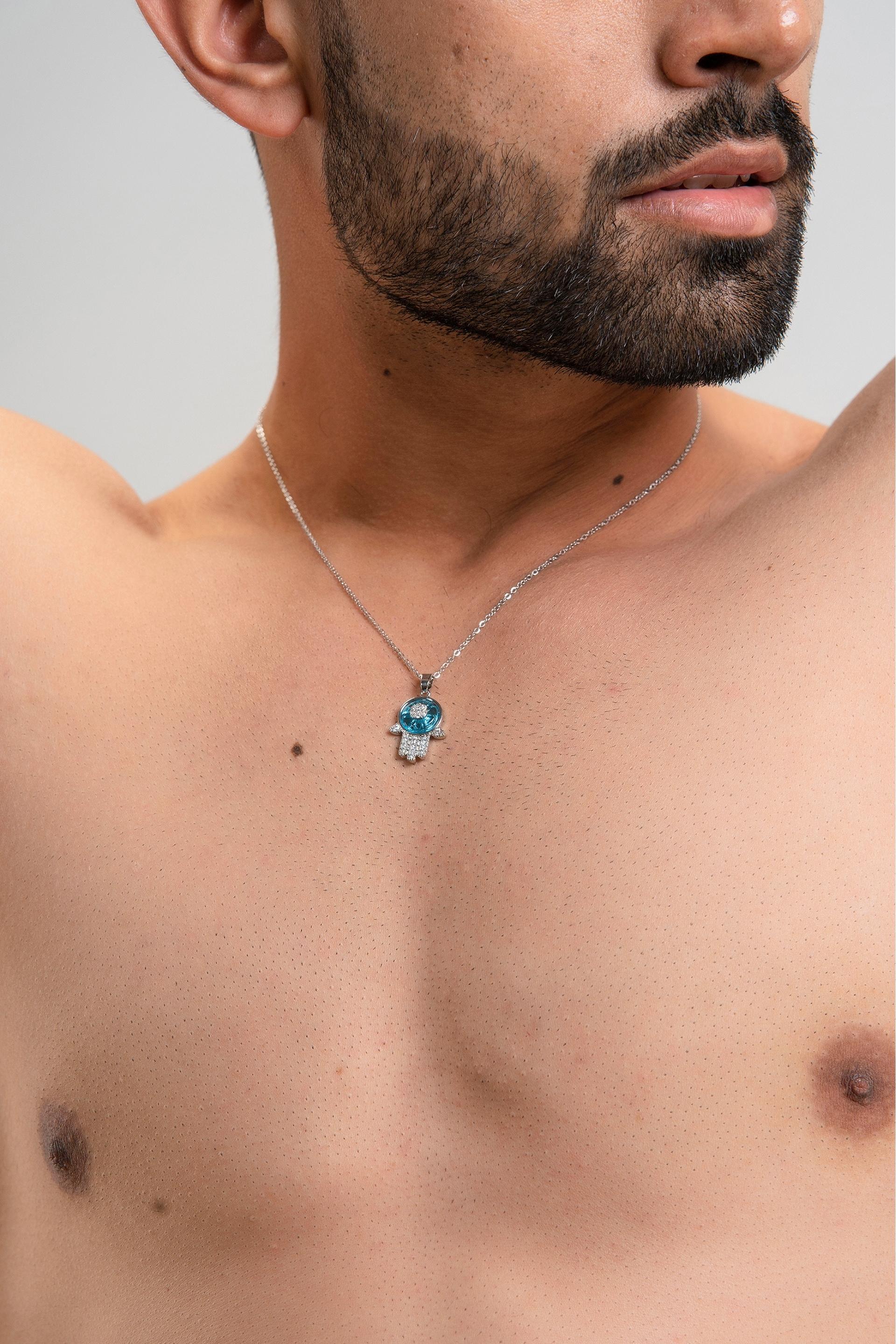 Firangi Yarn Silver Neck Chain with Blue Pendant Jewelery For Men