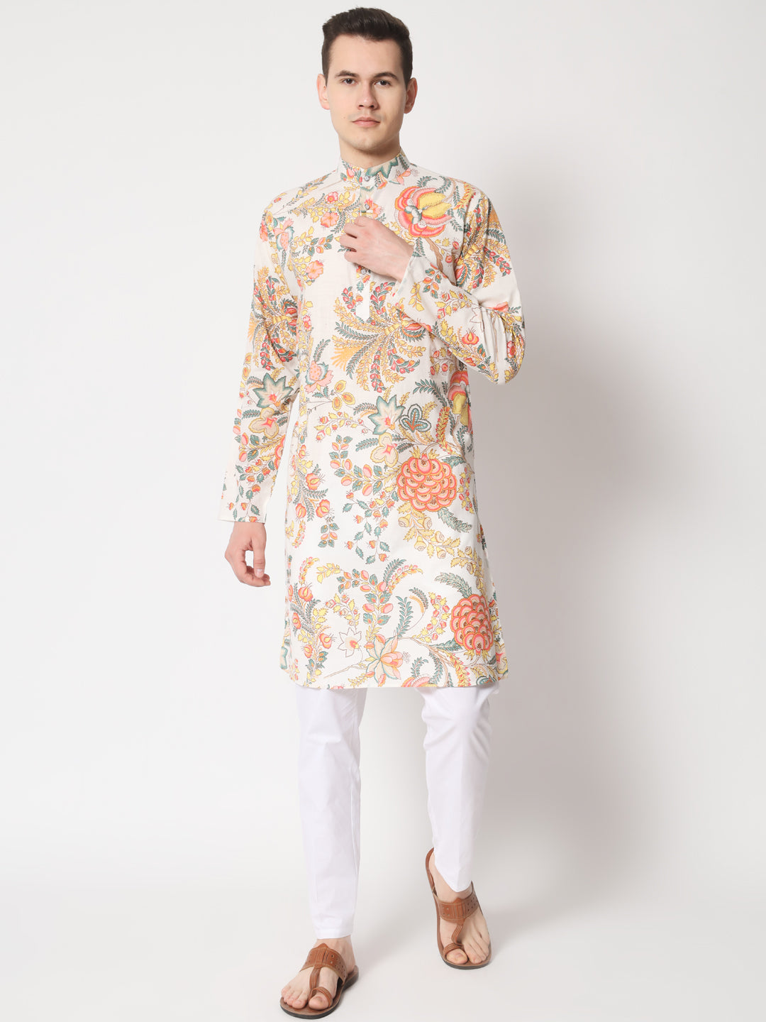 Firangi Yarn Wedding and Festive Wear Printed Kurta and Sequin Work Embroidered Modi Jacket Coty/Koty Set of 2(Pyjama Excluded)Pastel Color Yellow