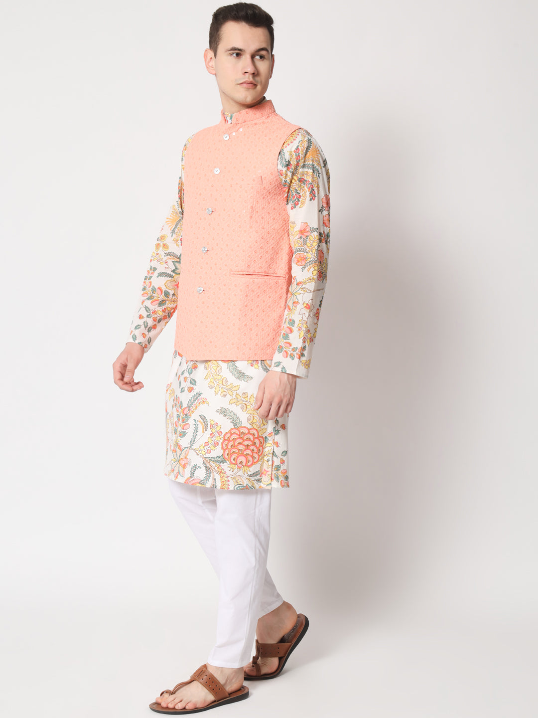 Firangi Yarn Wedding and Festive Wear Printed Kurta and Sequin Work Embroidered Modi Jacket Coty/Koty Set of 2(Pyjama Excluded)Pastel Color Orange