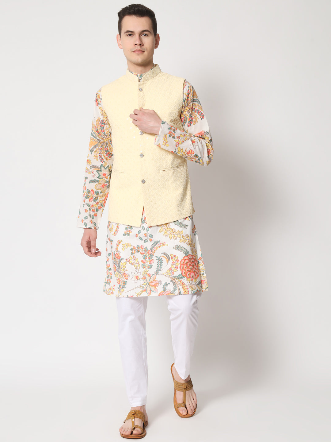 Firangi Yarn Wedding and Festive Wear Printed Kurta and Sequin Work Embroidered Modi Jacket Coty/Koty Set of 2(Pyjama Excluded)Pastel Color Yellow