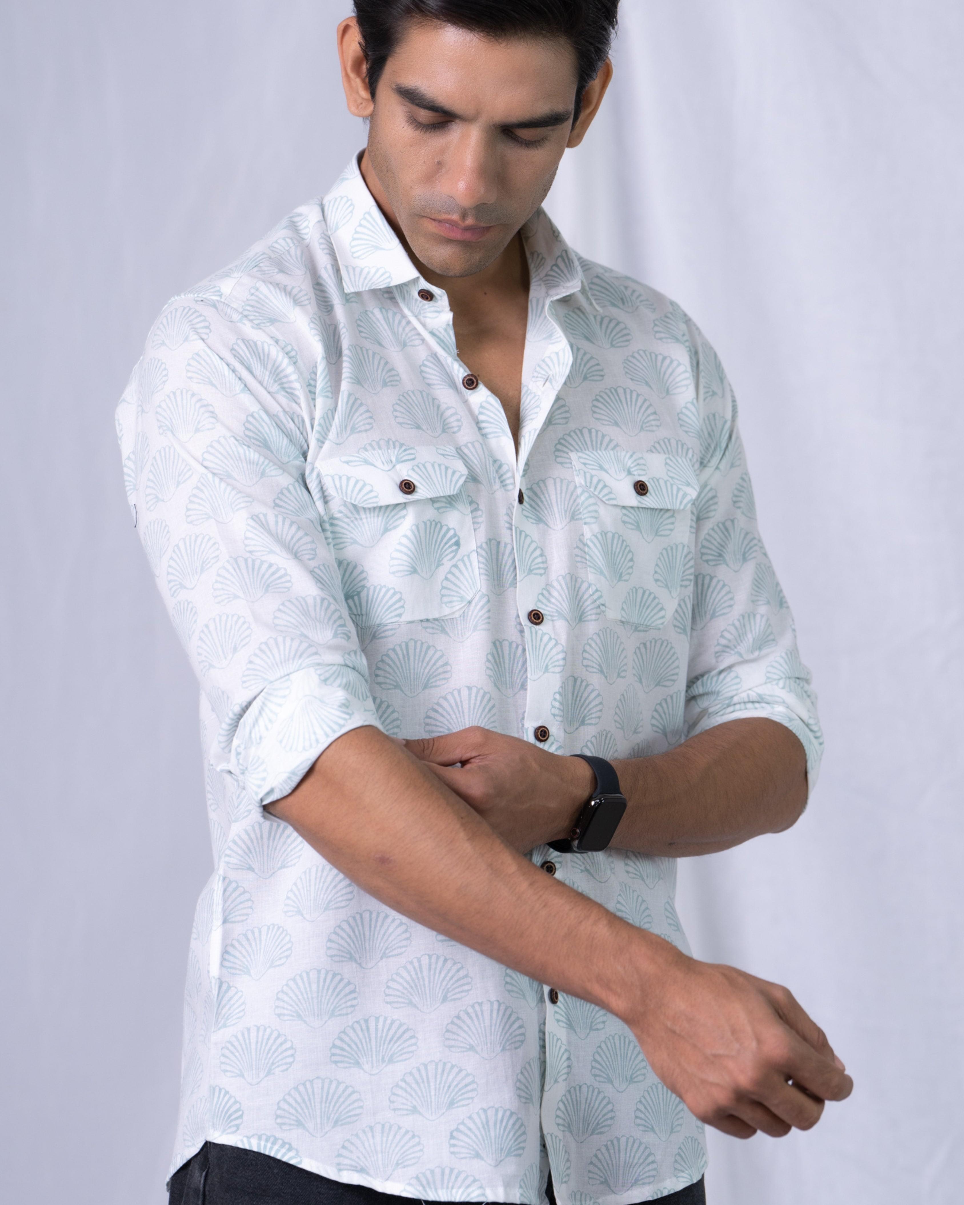 Firangi Yarn 100% Cotton Block Printed Sea Shell Casual Full Sleeves With Flap Pockets Men's Party Wear Shirt Blue/White