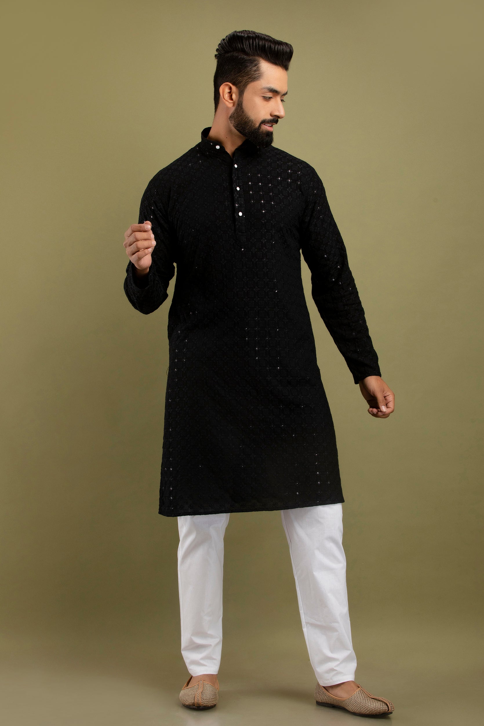 Firangi Yarn Lucknowi Lakhnavi Chikankari Sequin Work Cotton Kurta For Men Black