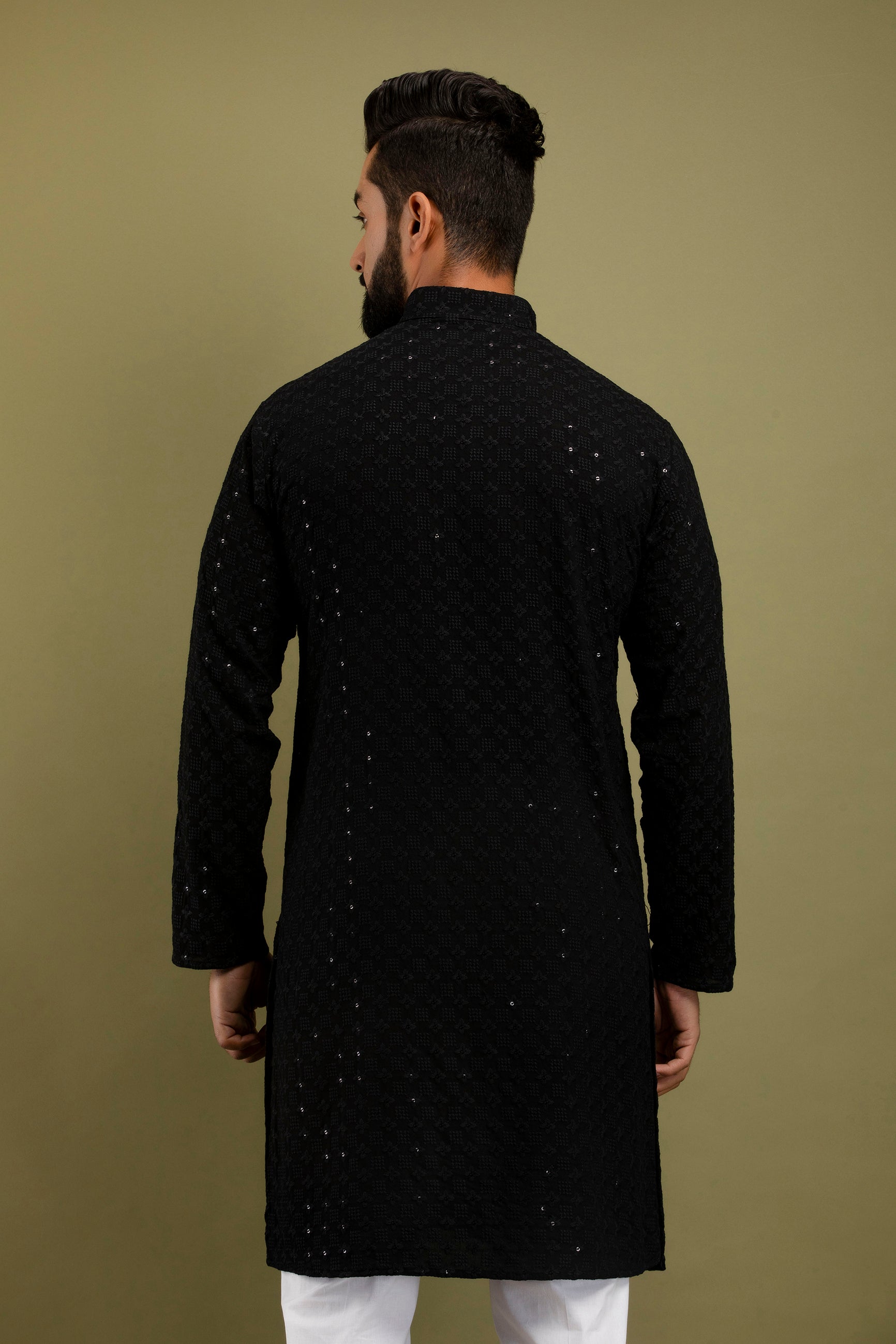 Firangi Yarn Lucknowi Lakhnavi Chikankari Sequin Work Cotton Kurta For Men Black