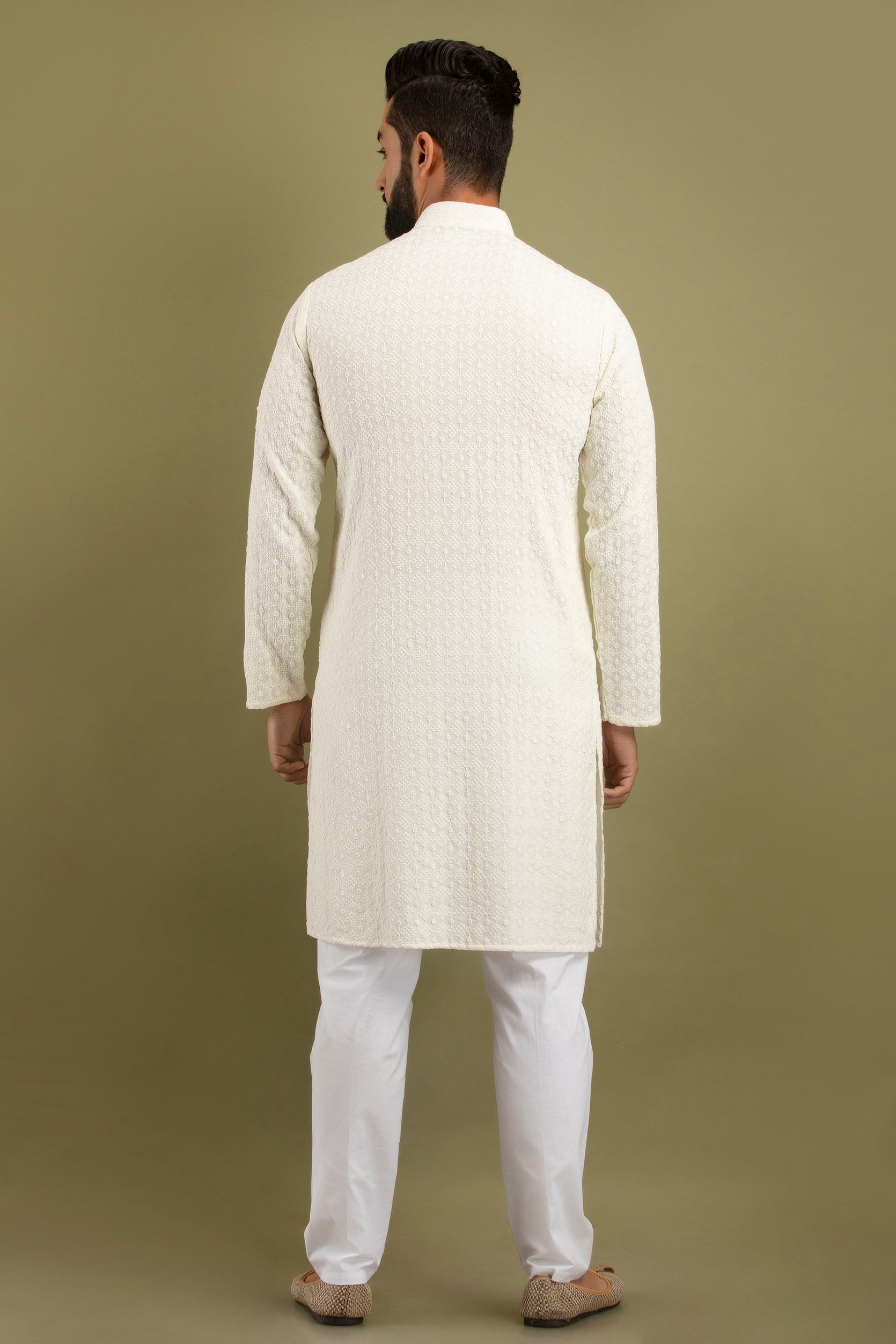 Firangi Yarn Lucknowi Lakhnavi Chikankari Sequin Work Cotton Kurta For Men Off White