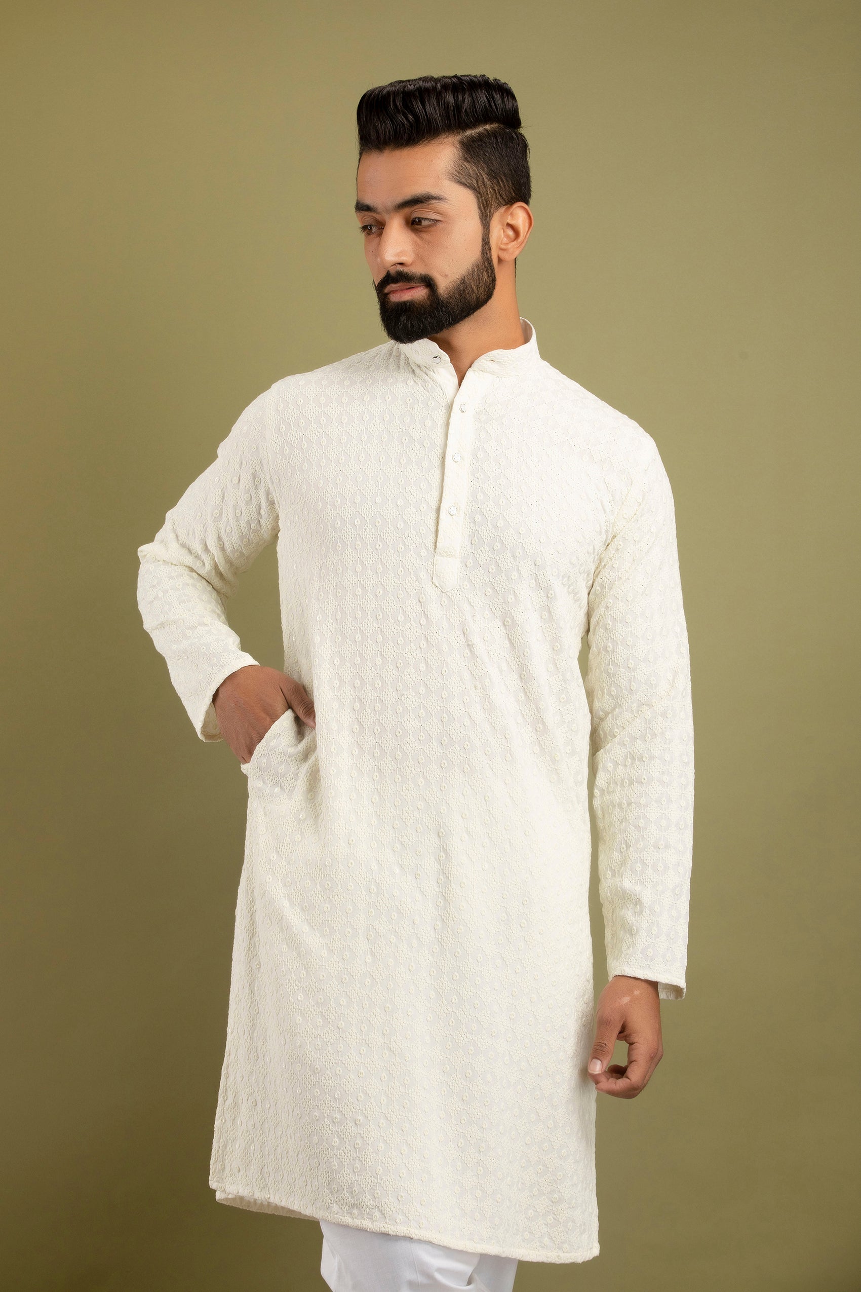 Readymade White Thread Work Kurta Pajama For Men
