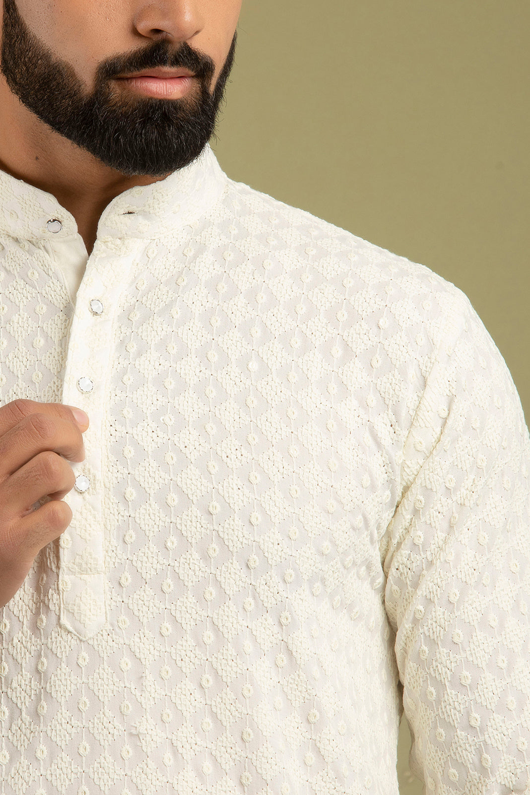 Firangi Yarn Lucknowi Lakhnavi Chikankari Sequin Work Cotton Kurta For Men Off White