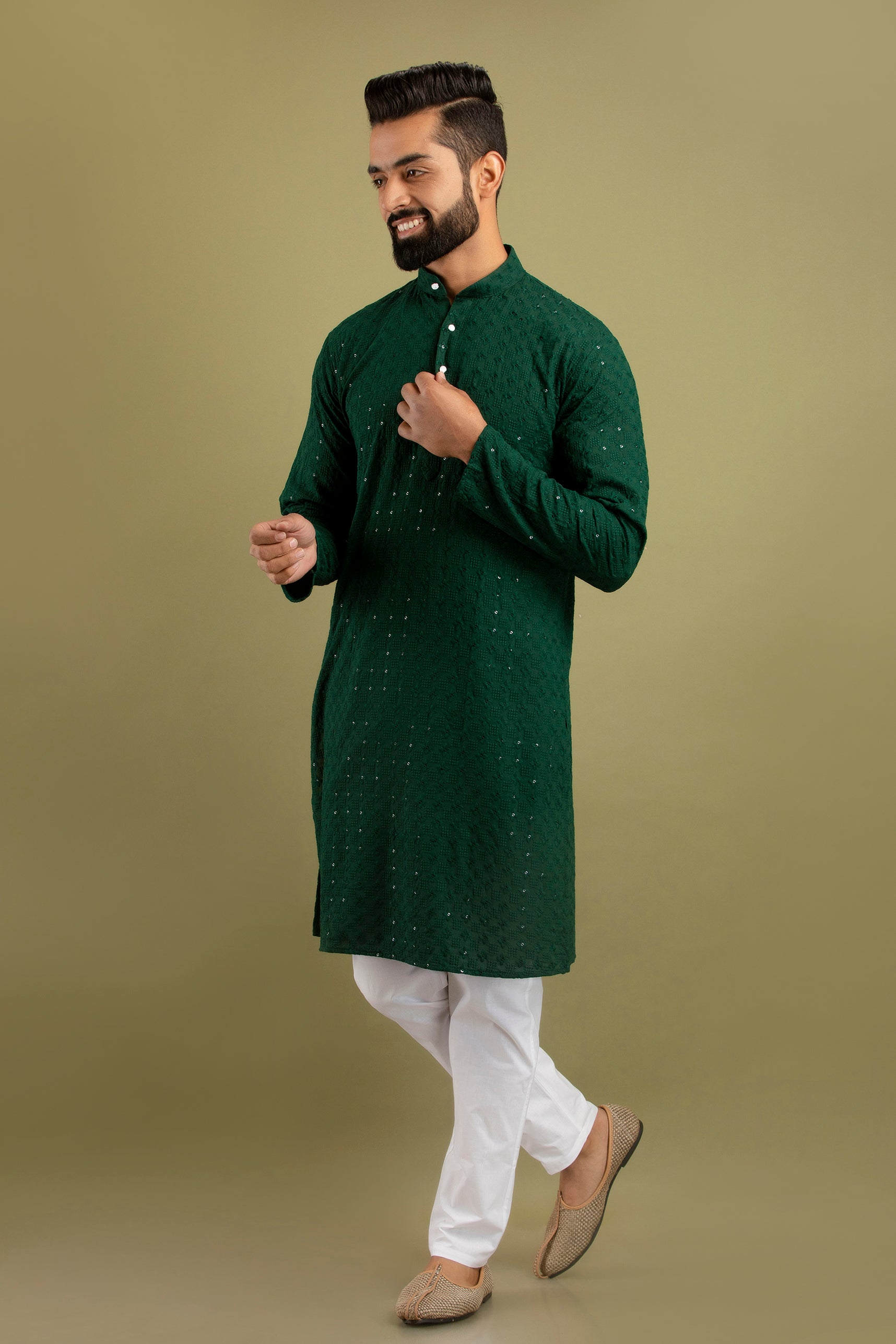 Firangi Yarn Lucknowi Lakhnavi Chikankari Sequin Work Cotton Kurta For Men Bottle Green