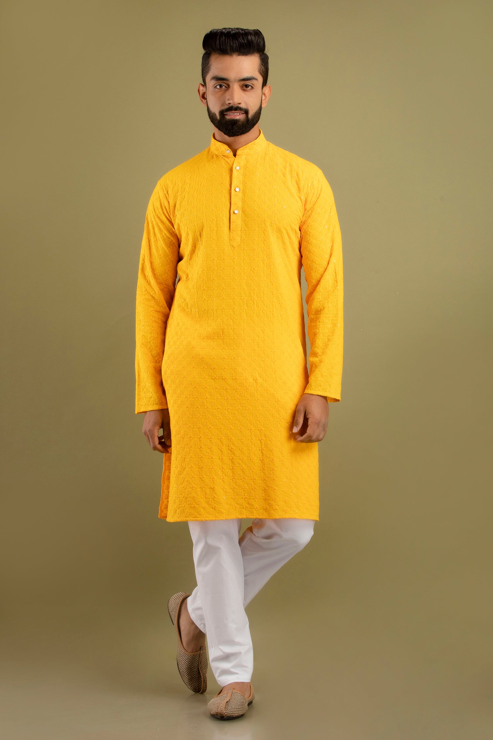 Firangi Yarn Lucknowi Lakhnavi Chikankari Sequin Work Cotton Kurta For Men Yellow