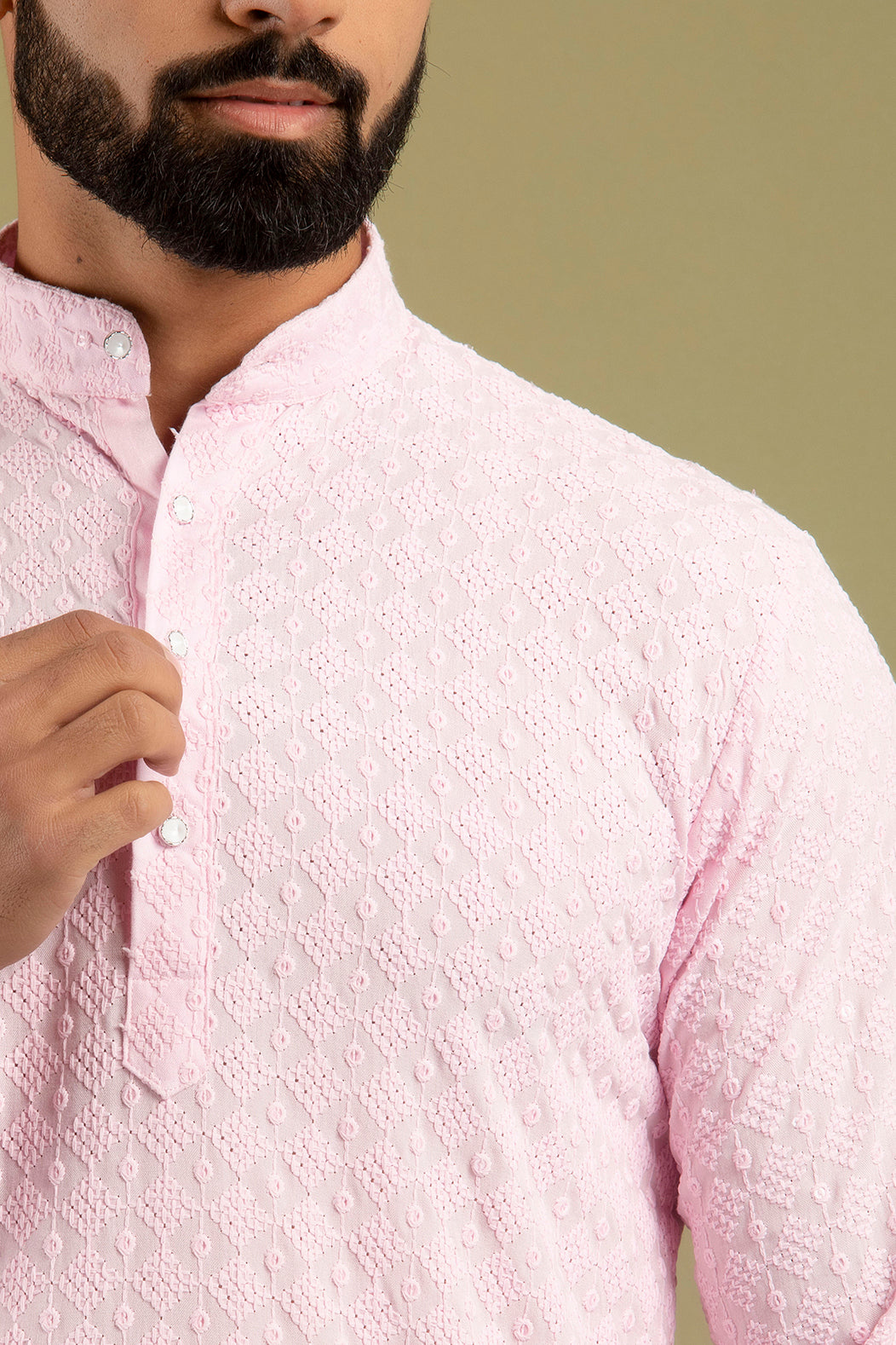 Firangi Yarn Lucknowi Lakhnavi Chikankari Sequin Work Cotton Kurta For Men (Baby Pink)
