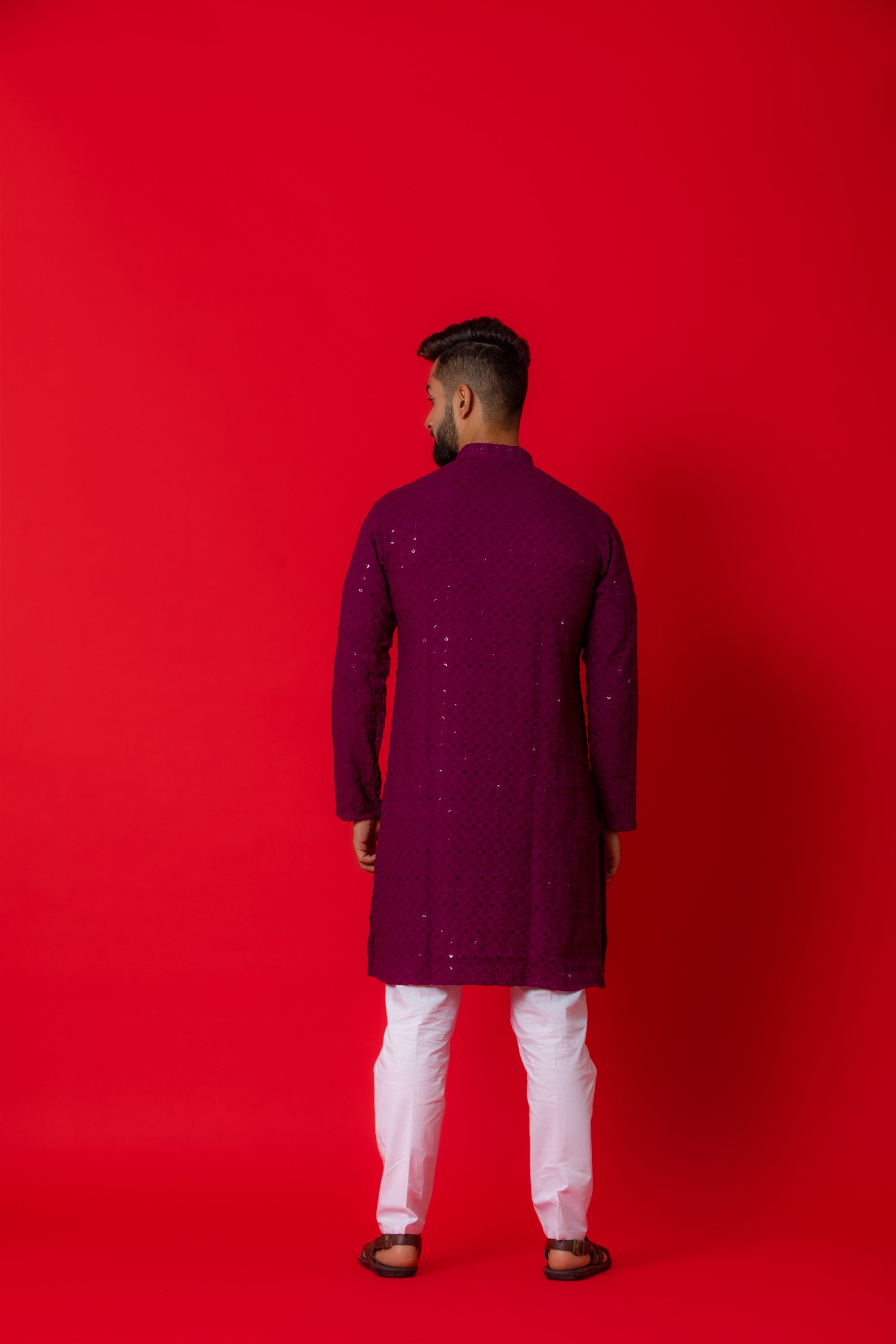 Firangi Yarn Lucknowi Lakhnavi Chikankari Sequin Work Assorted Embroidery Cotton Kurta For Men Sangria Violet Color
