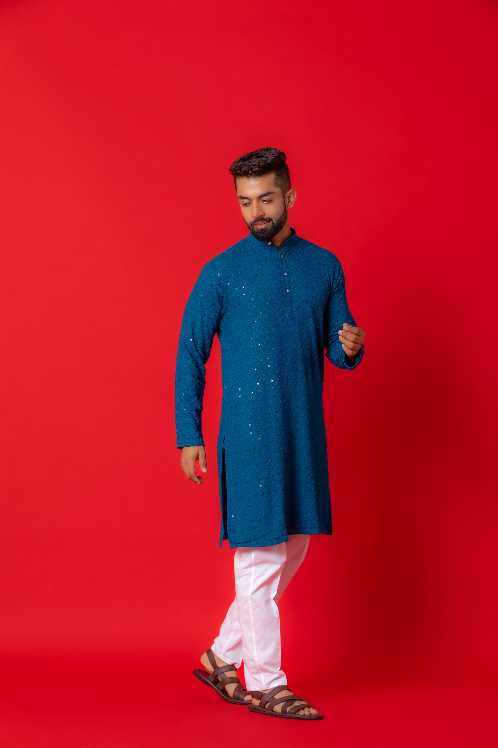 Firangi Yarn Lucknowi Lakhnavi Chikankari Sequin Work Cotton Kurta For Men Turquoise Blue