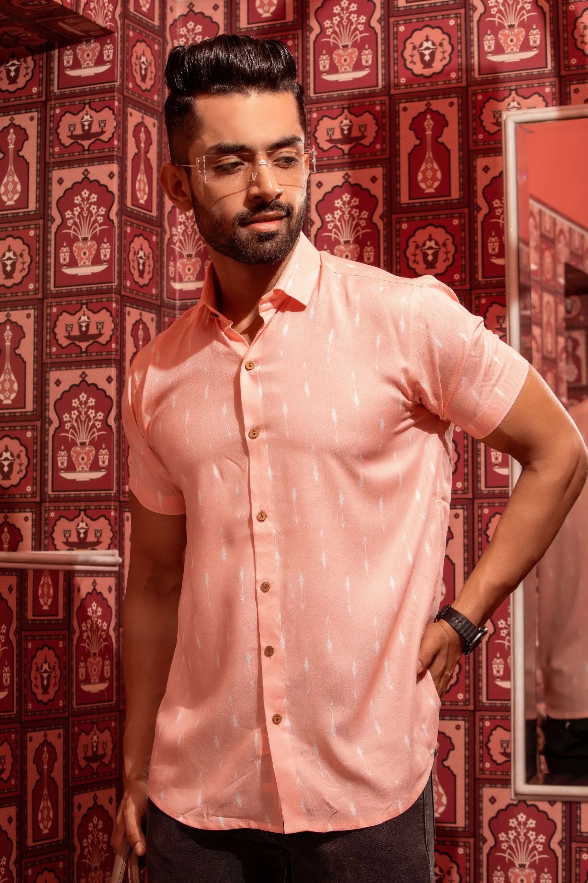 Firangi Yarn Peach Ikat Printed Rayon Shirt For Men - Half Sleeves