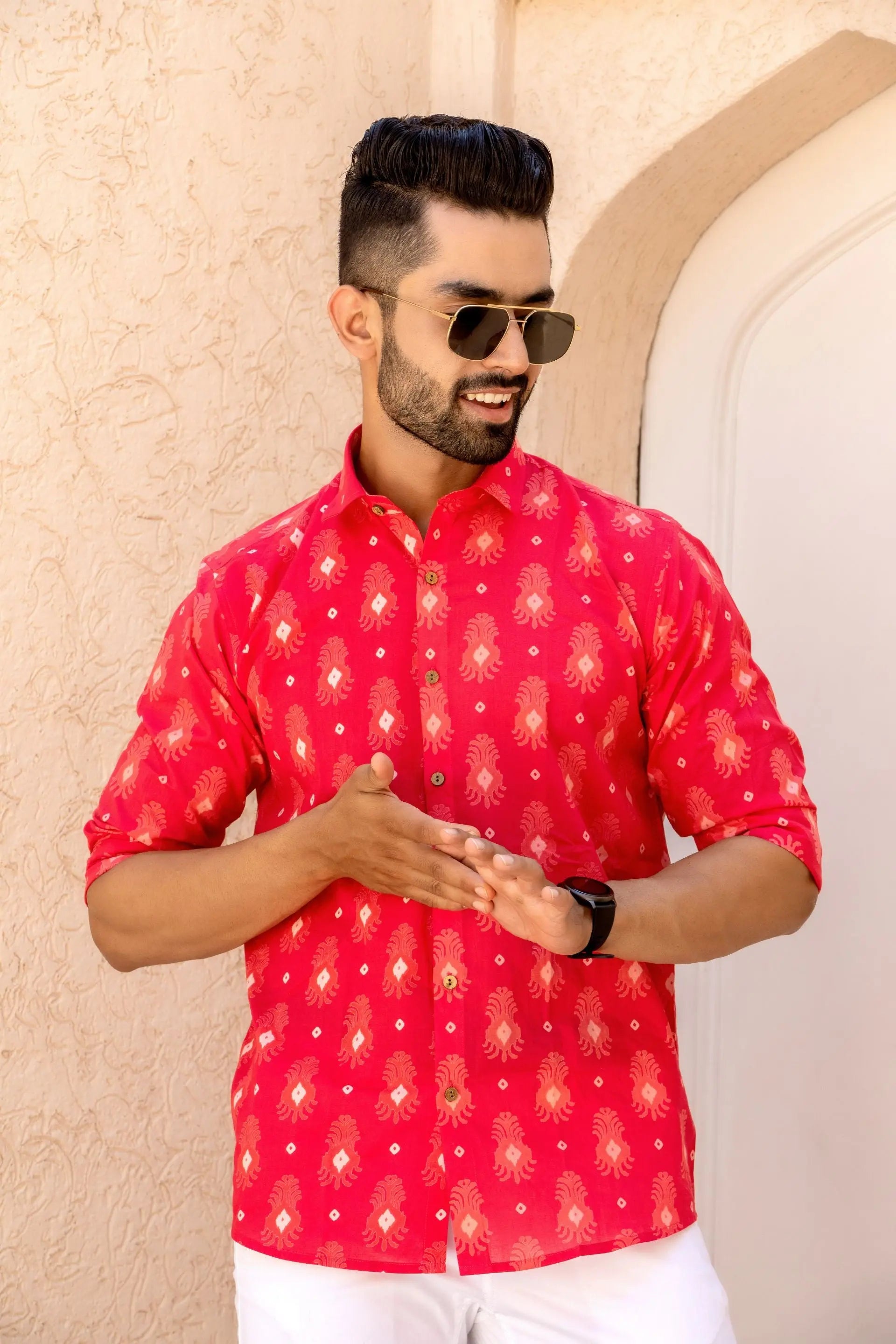 Firangi Yarn Red Ikat Printed 100% Cotton Shirt For Men - Full Sleeves