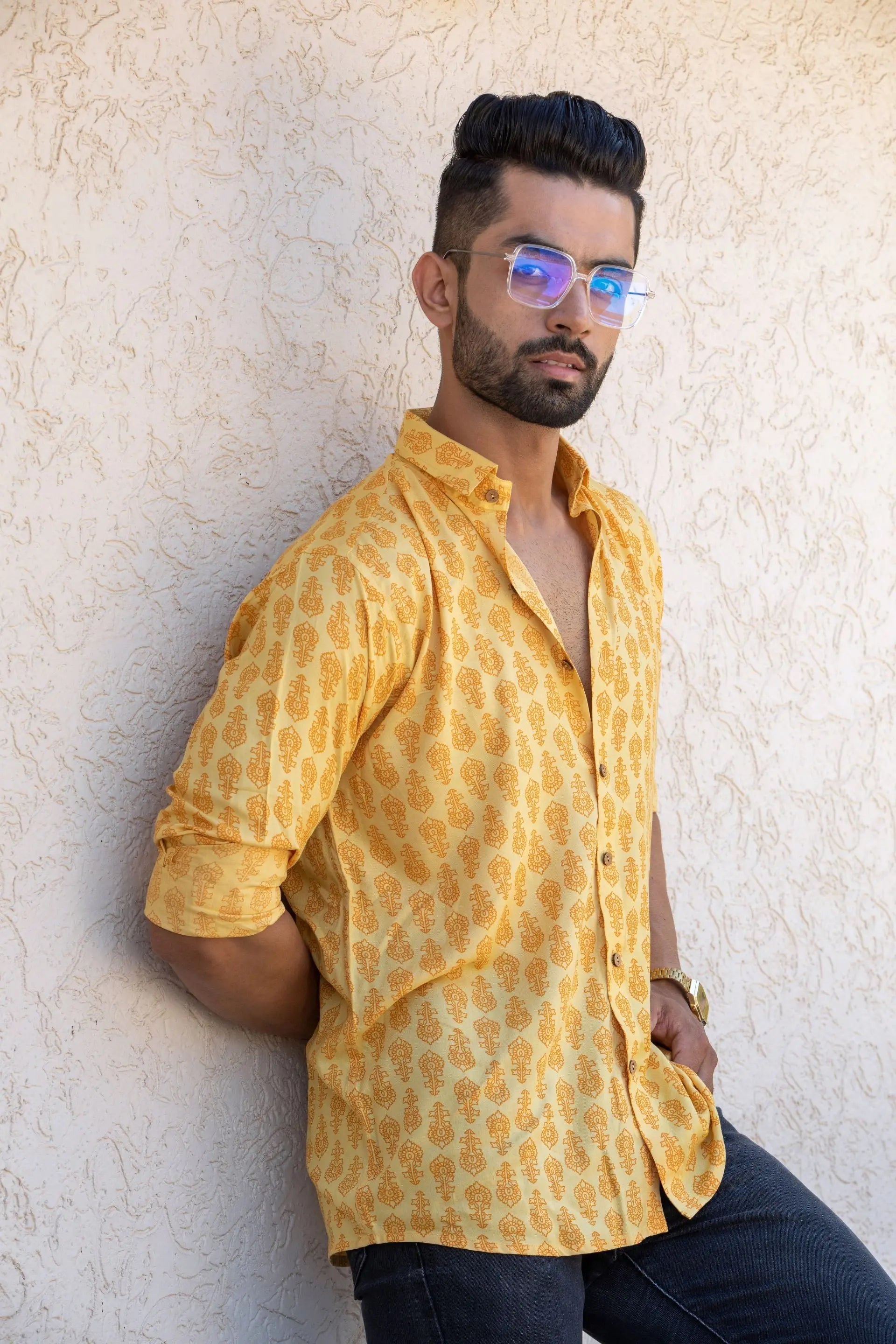 Firangi Yarn Yellow Festive Printed Rayon Shirt For Men - Full Sleeves
