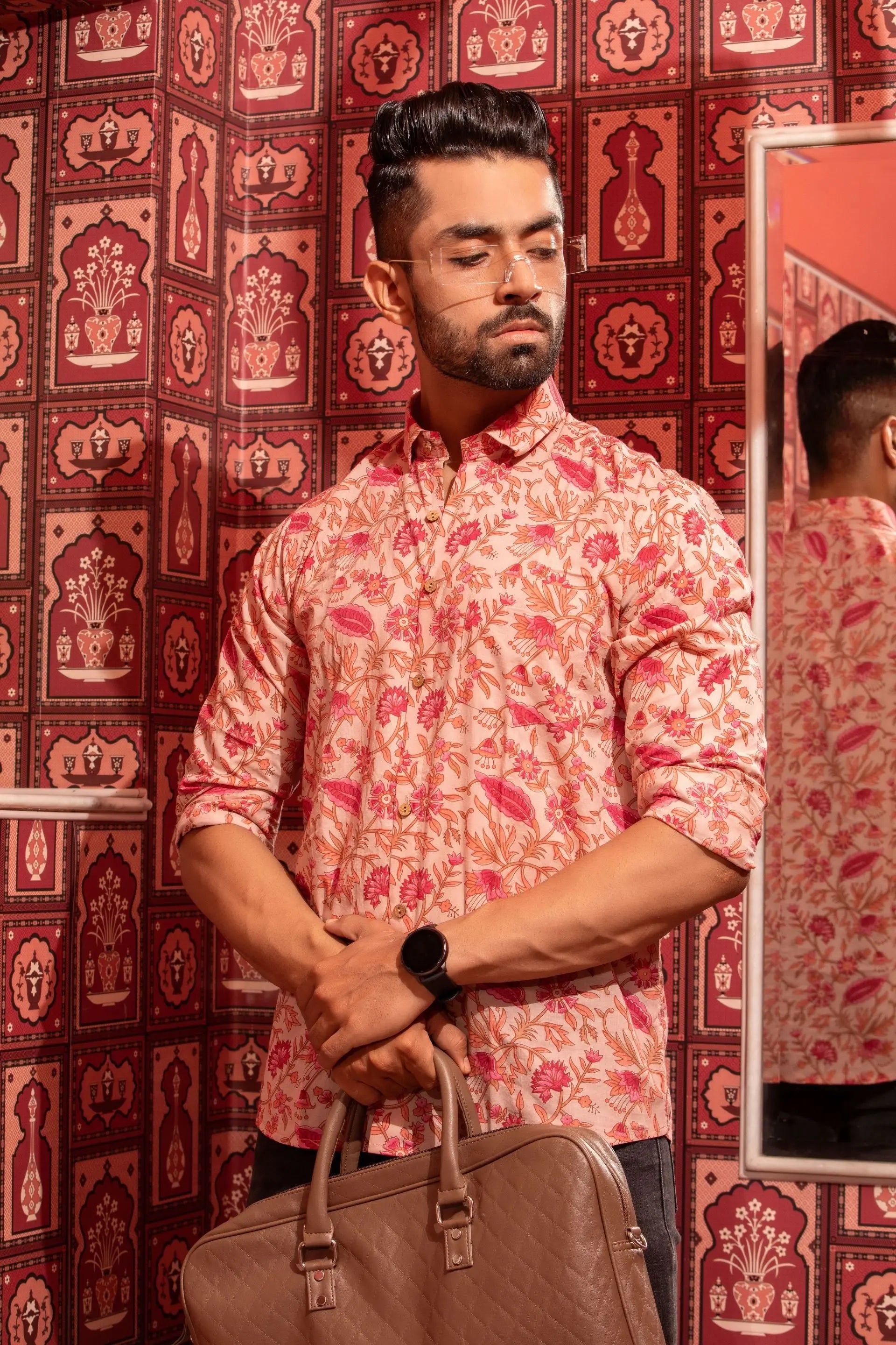 Firangi Yarn Pink Sanganeri Printed 100% Cotton Shirt For Men - Full Sleeves
