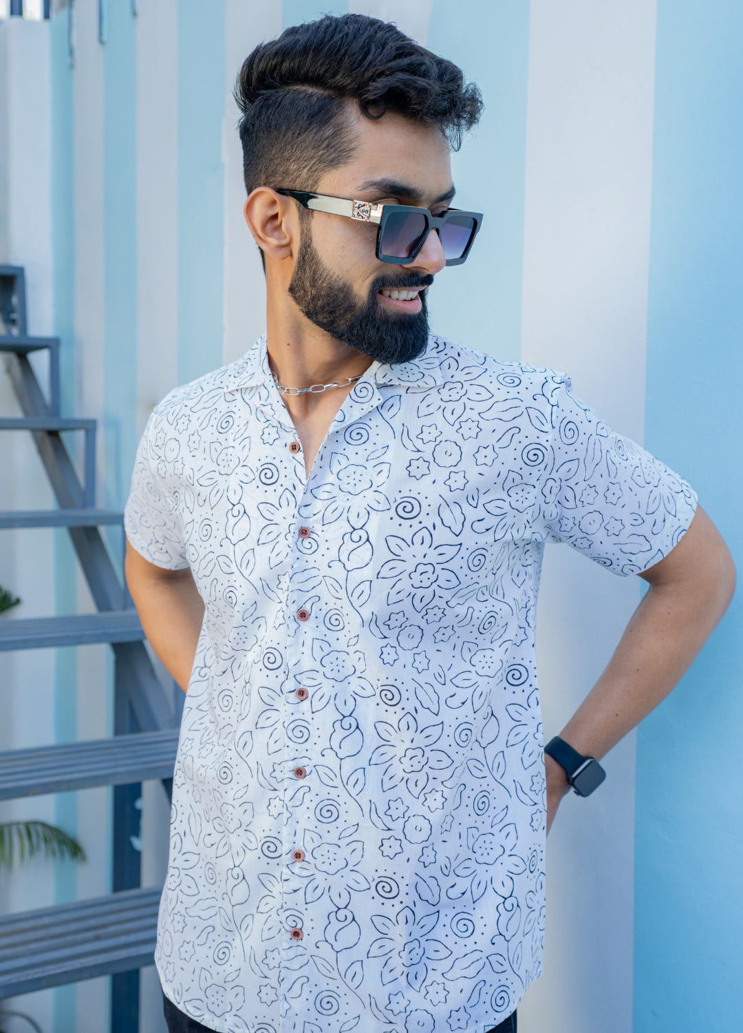 Firangi Yarn 100% Jaipuri Cotton White Abstract Floral Pattern Cuban Collar Resort, Lounge Casual Shirt White