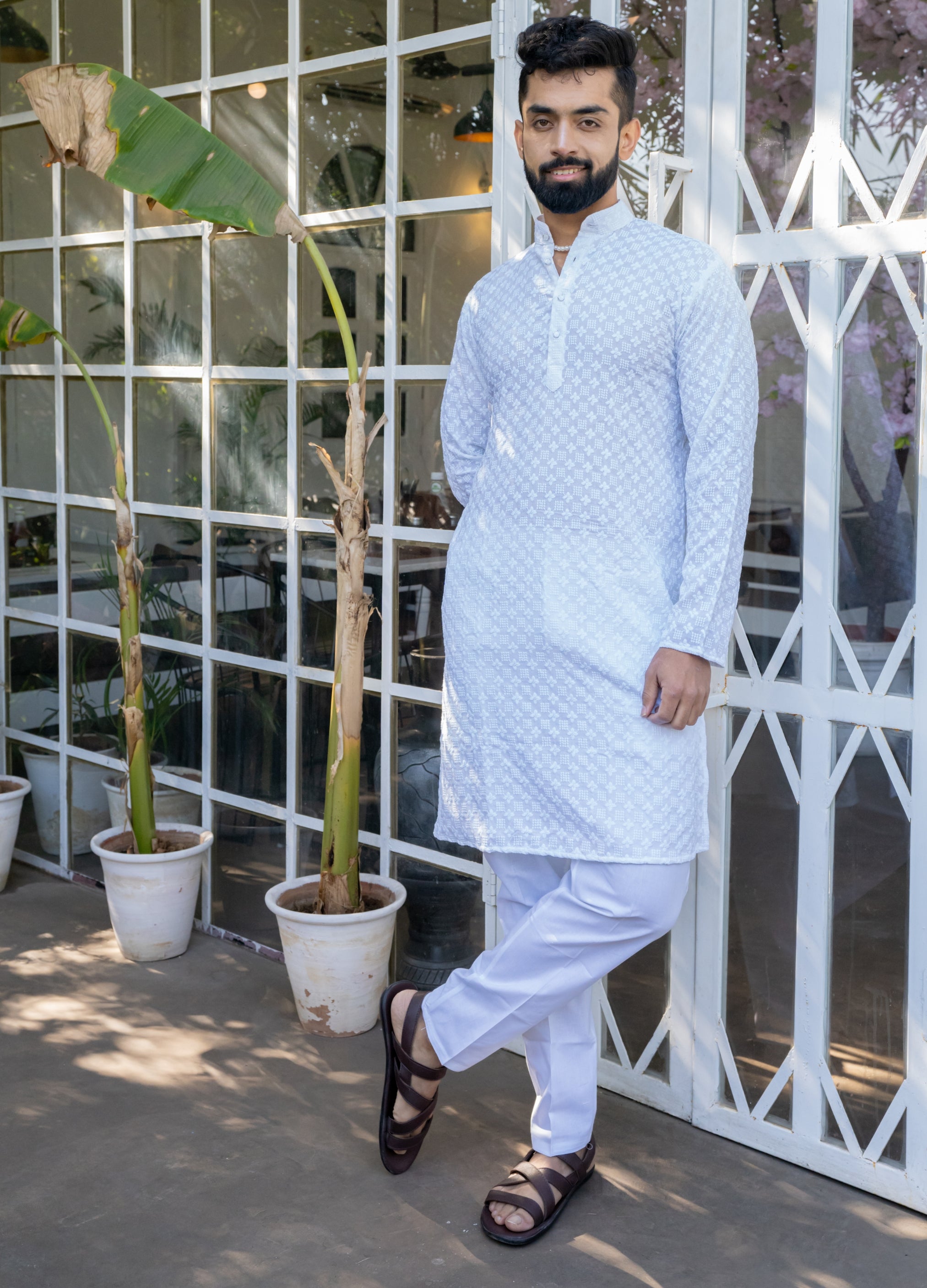Firangi Yarn Lucknowi Lakhnavi Chikankari Sequin Work Cotton Kurta For Men White
